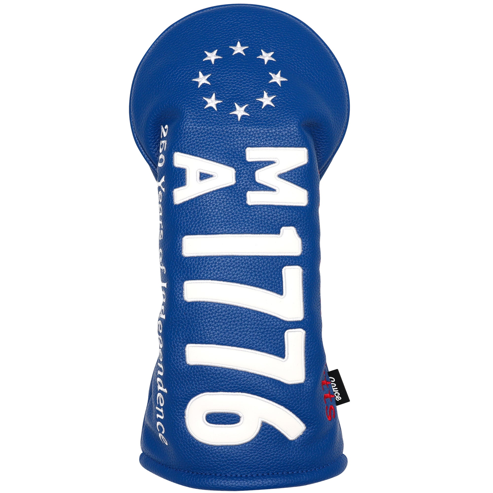 Front view of the blue 250th Mass Anniversary License Plate Golf Cover from Cayce Golf in Marlboro, Massachusetts