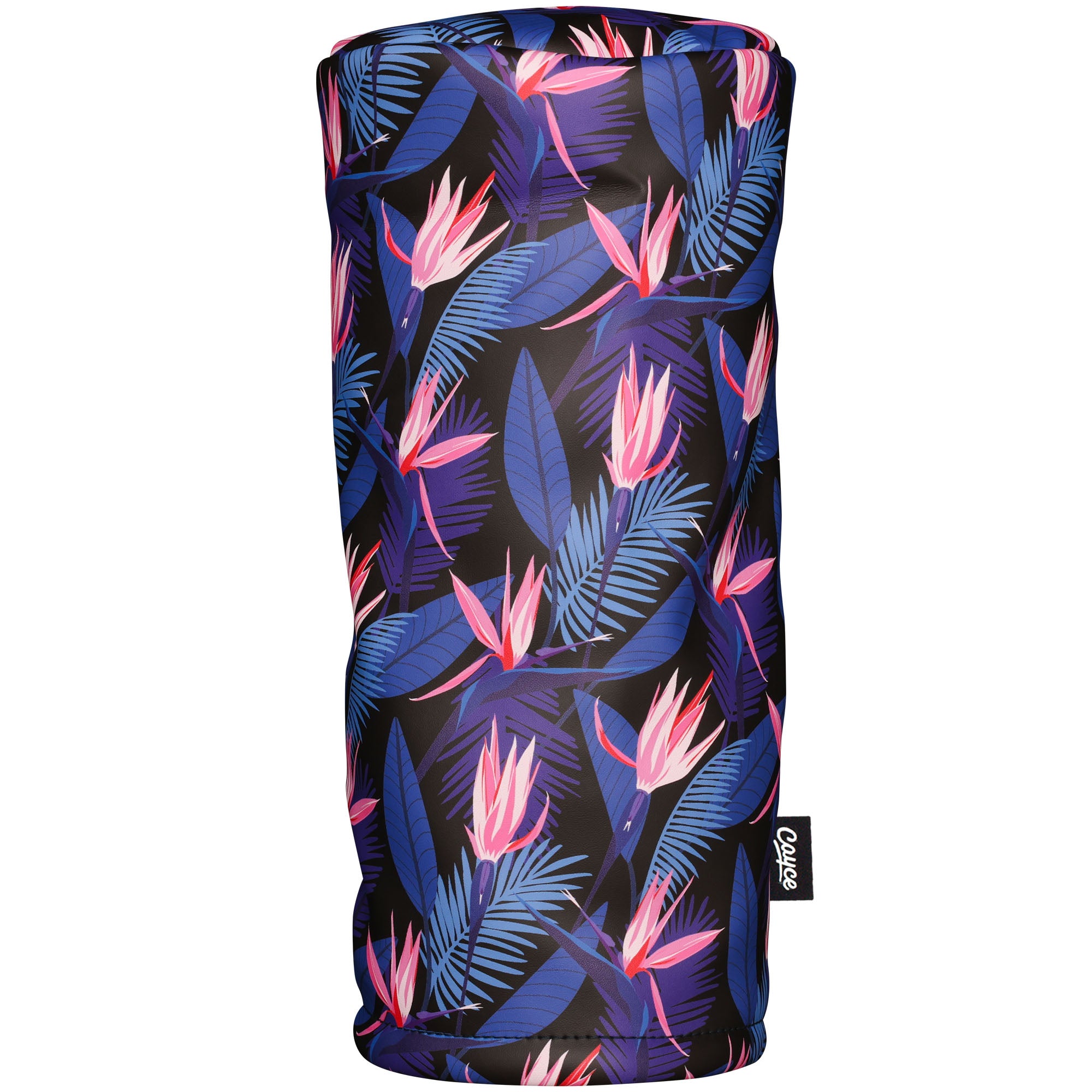 tropical birdies of paradise barrel style golf head cover with black, purple, and pink design from cayce golf