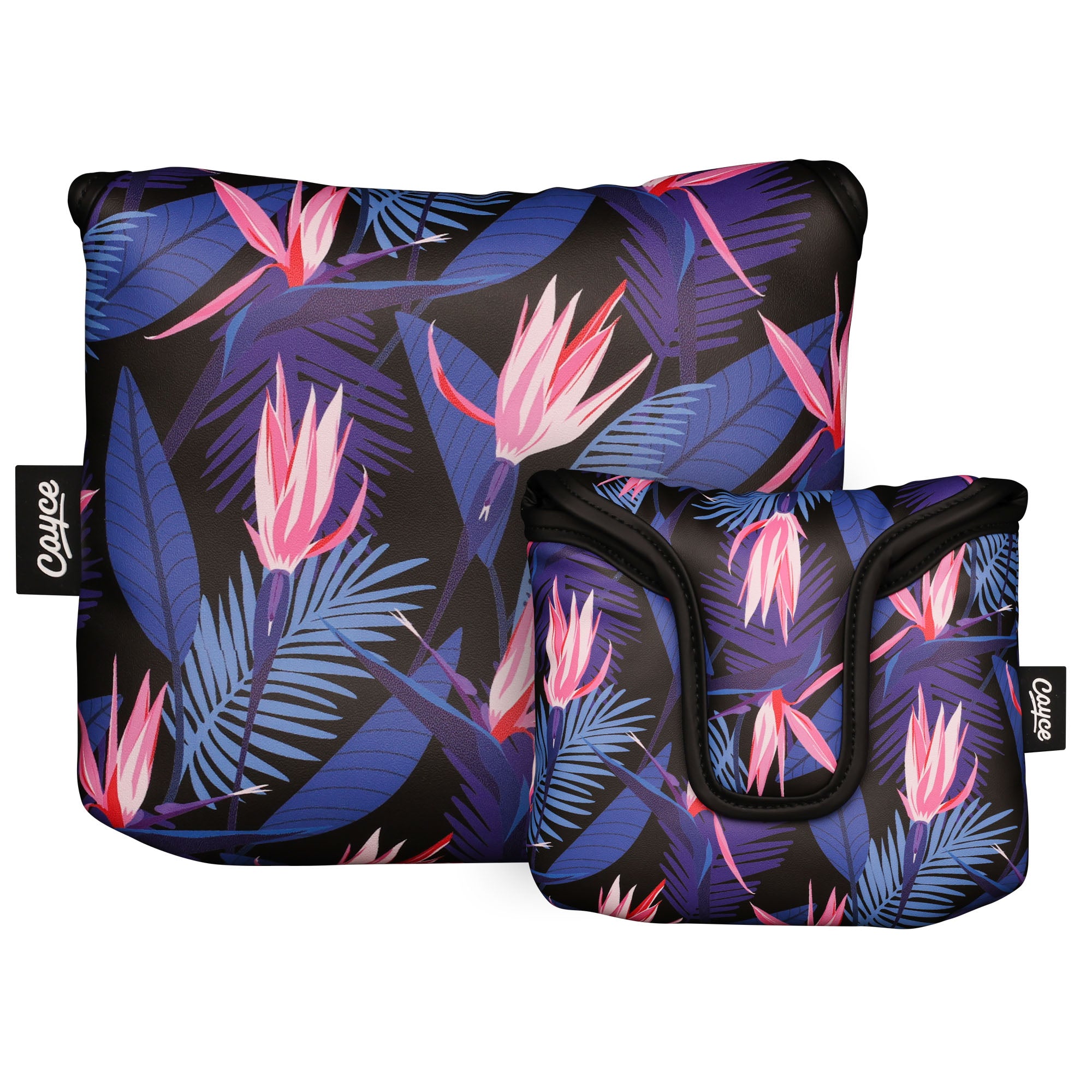 new magnetic mallet putter cover with tropical birds of paradise flower pattern on a black background from cayce golf