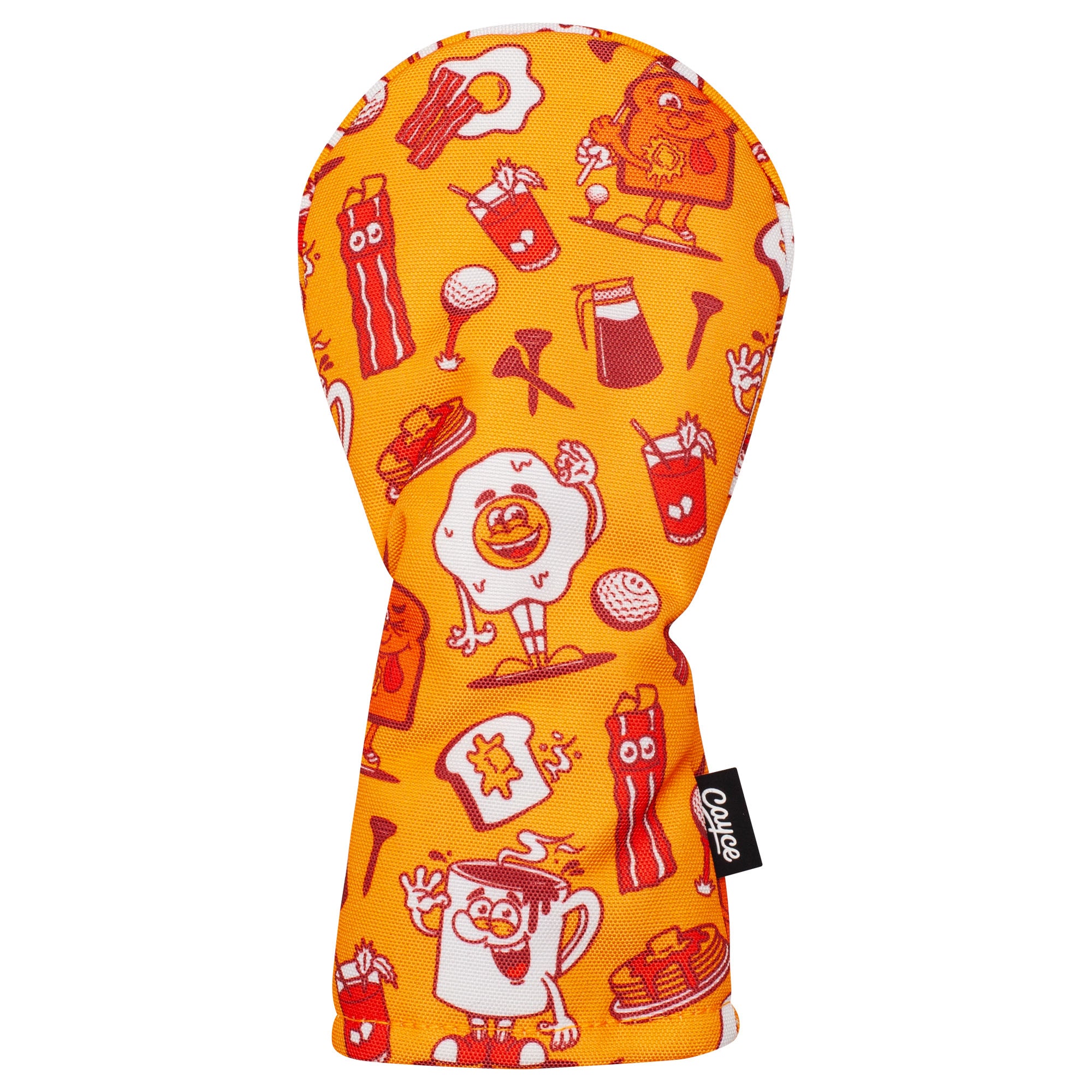 yellow, hourglass shaped hybrid golf headcover with a breakfast themed pattern including cartoon characters and breakfast items