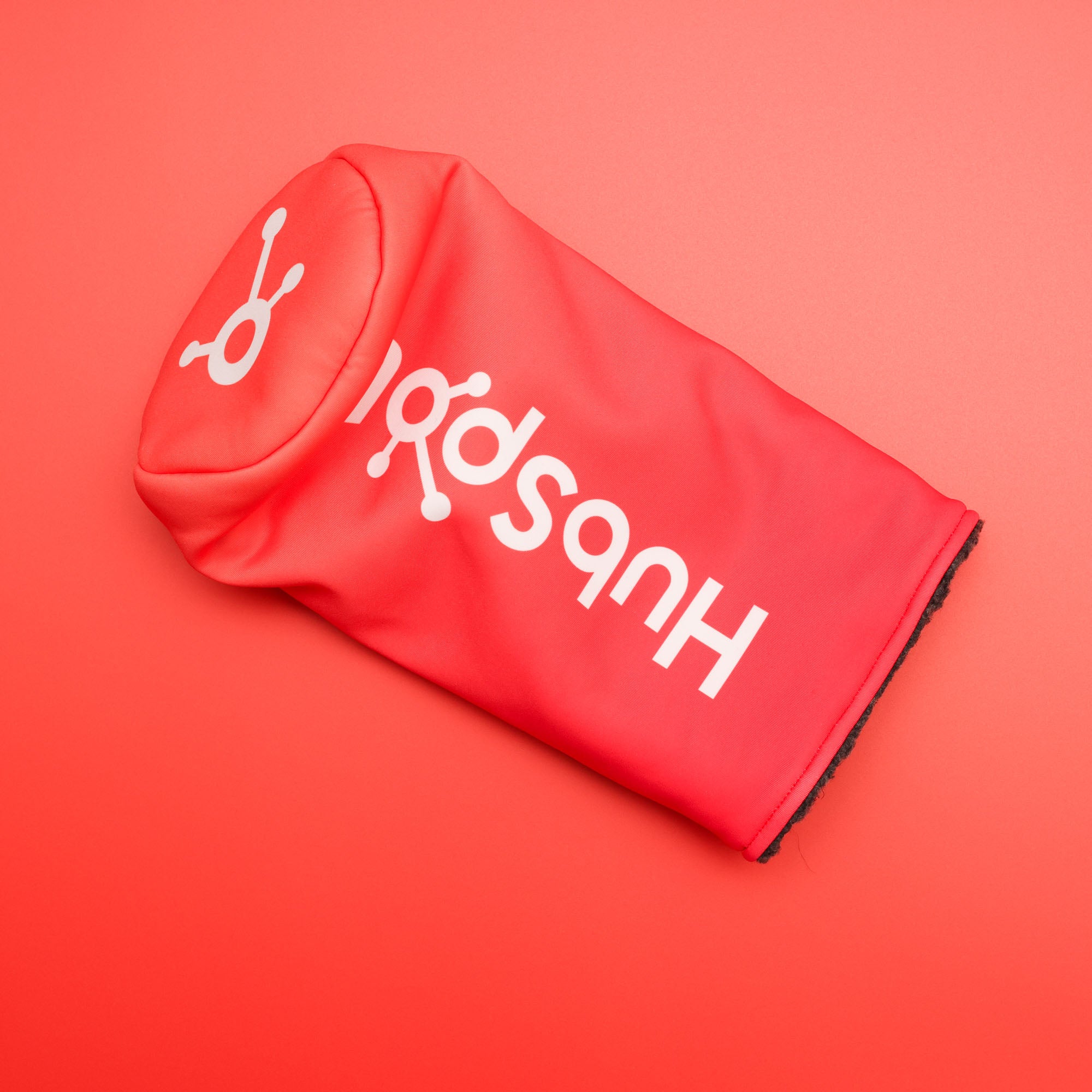 bright red-orange custom driver head cover for Hubspot made by cayce golf