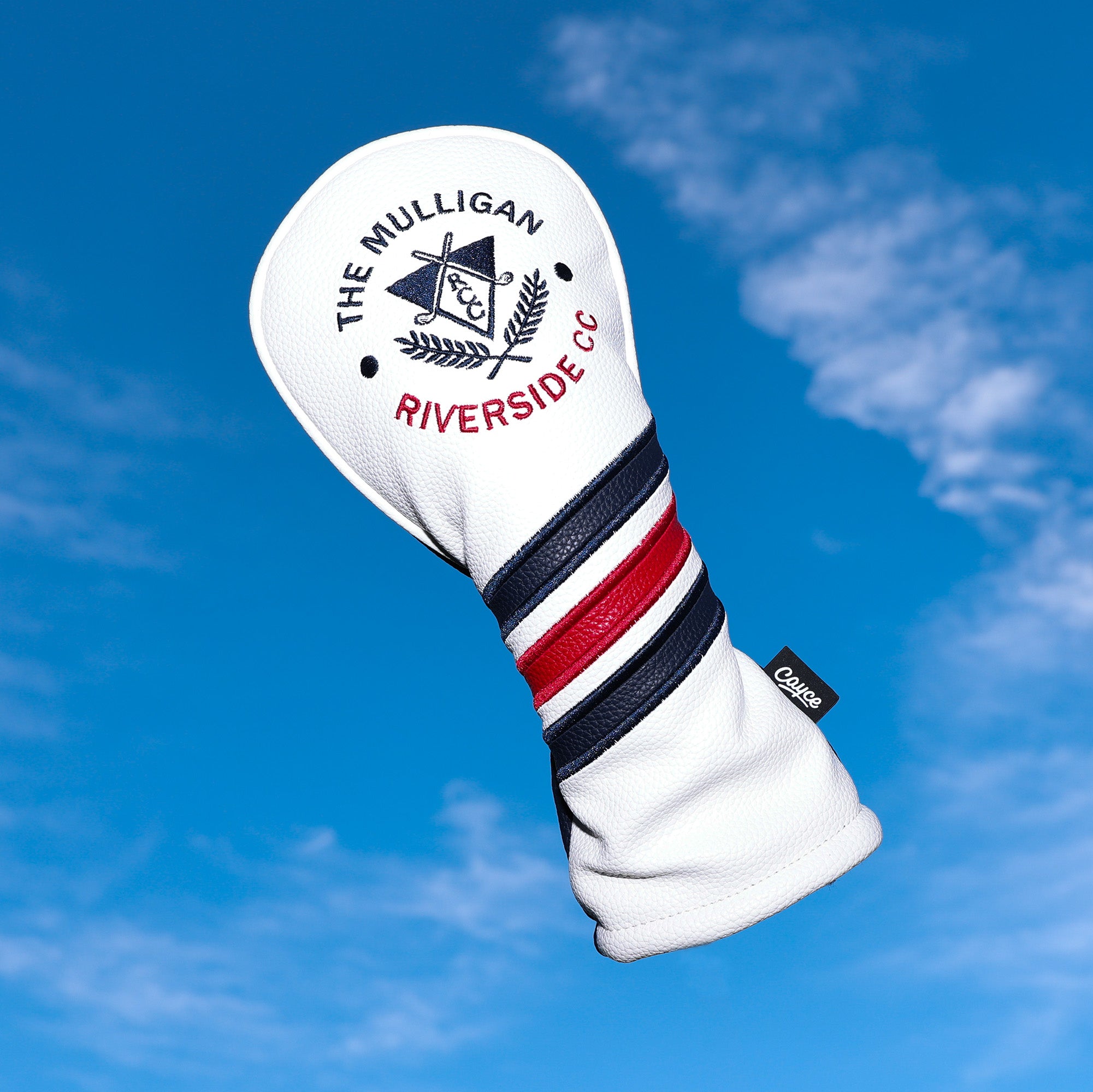 custom fairway wood headcover for Riverside CC with embroidery and traditional hourglass shape. Made by Cayce Golf in 2025.