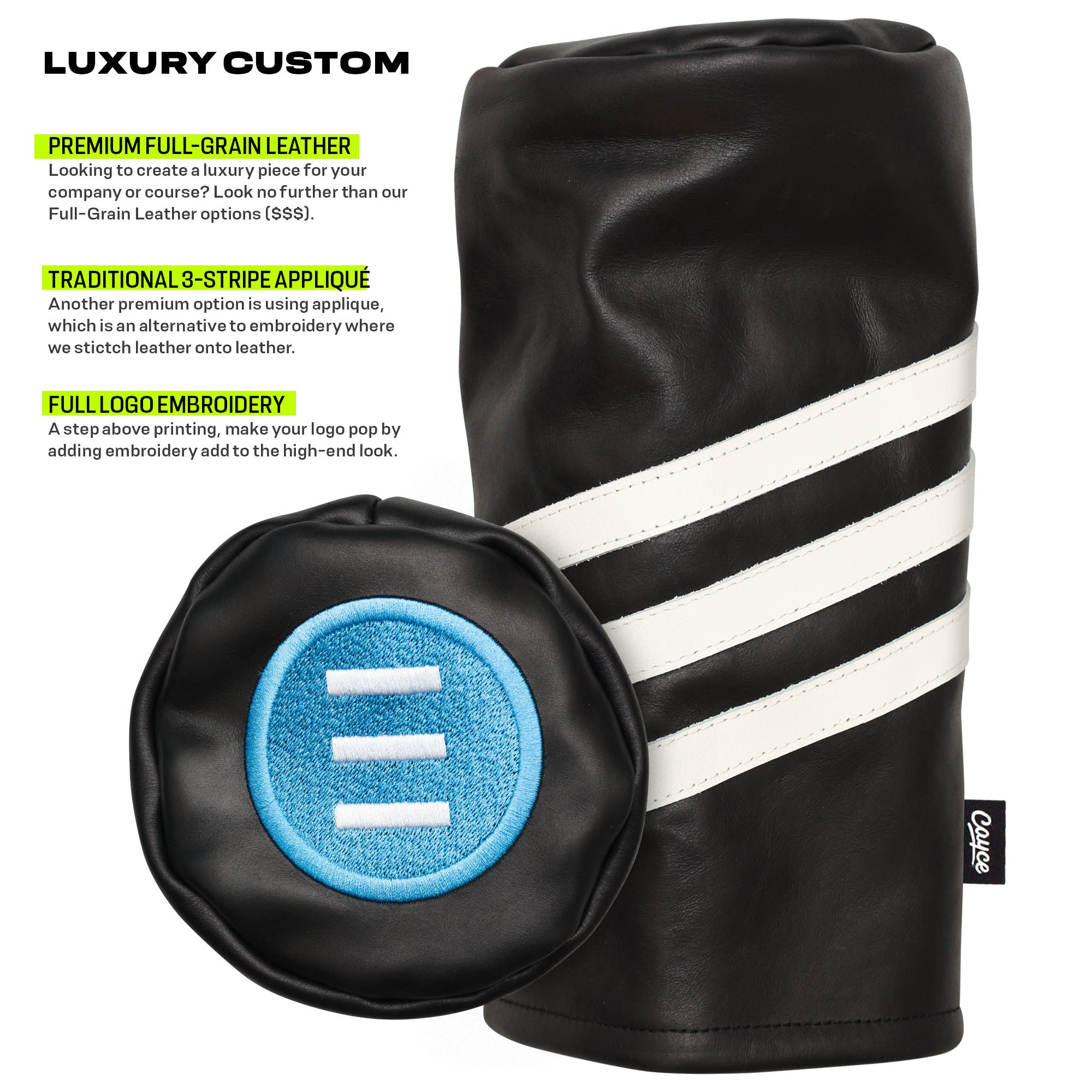 luxury leather custom golf headcovers with embroidery and applique from Cayce Golf