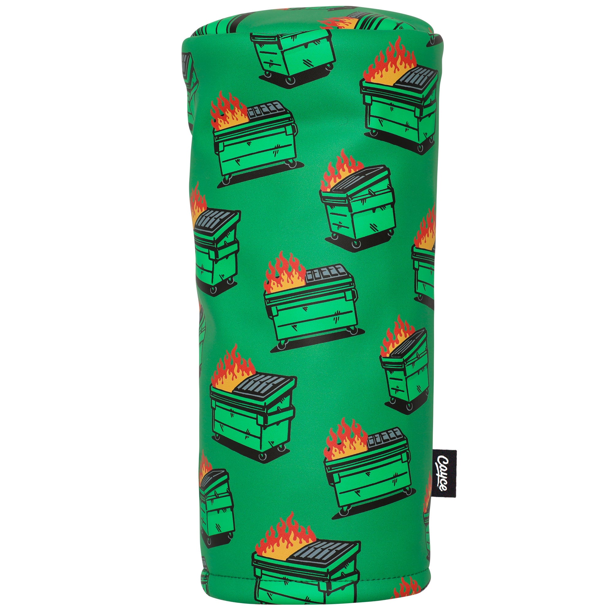 barrel shaped golf head cover with a green dumpster fire pattern sitting on a white background