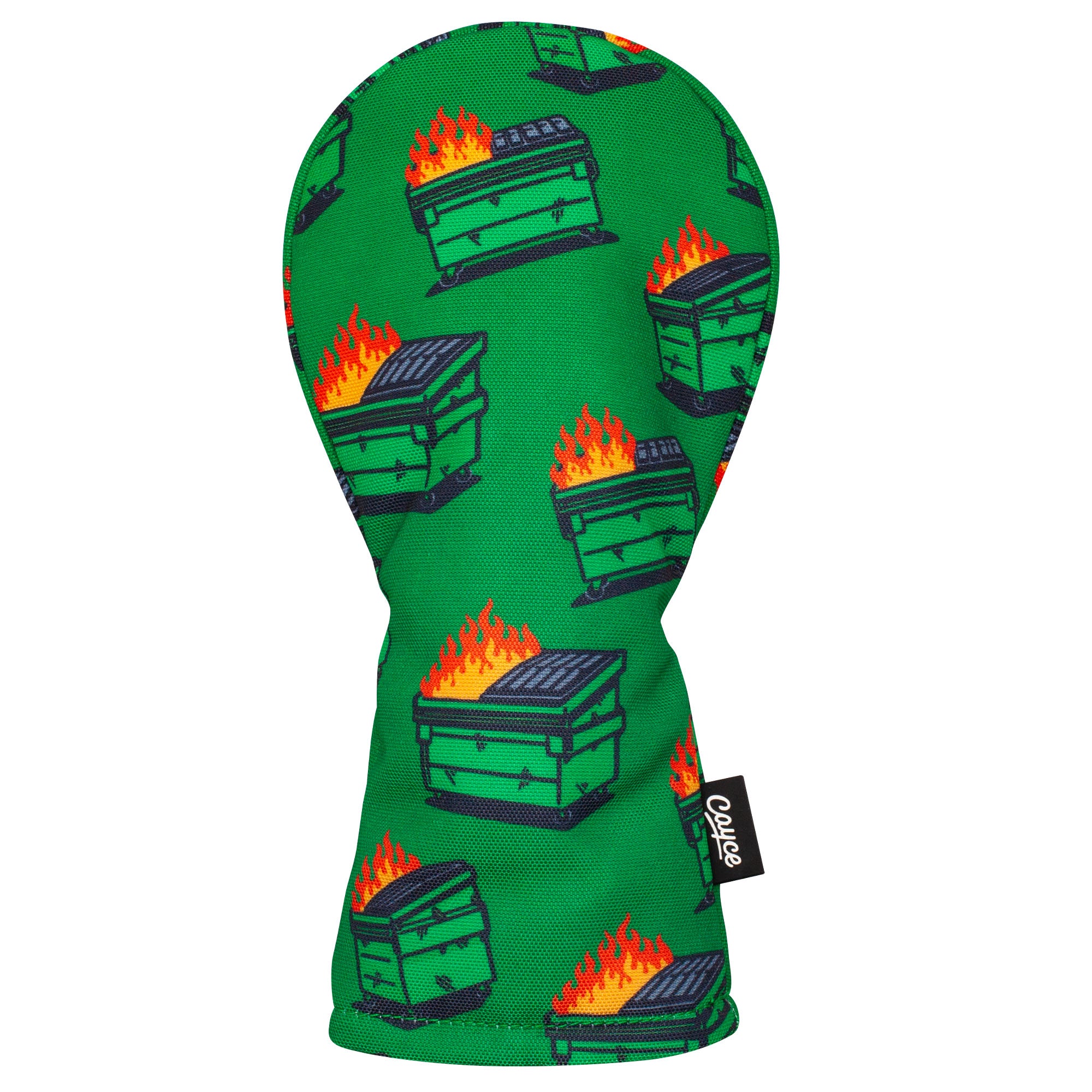 green, hourglass shaped hybrid headcover from Cayce with a dancing dumpster fire pattern on a white background