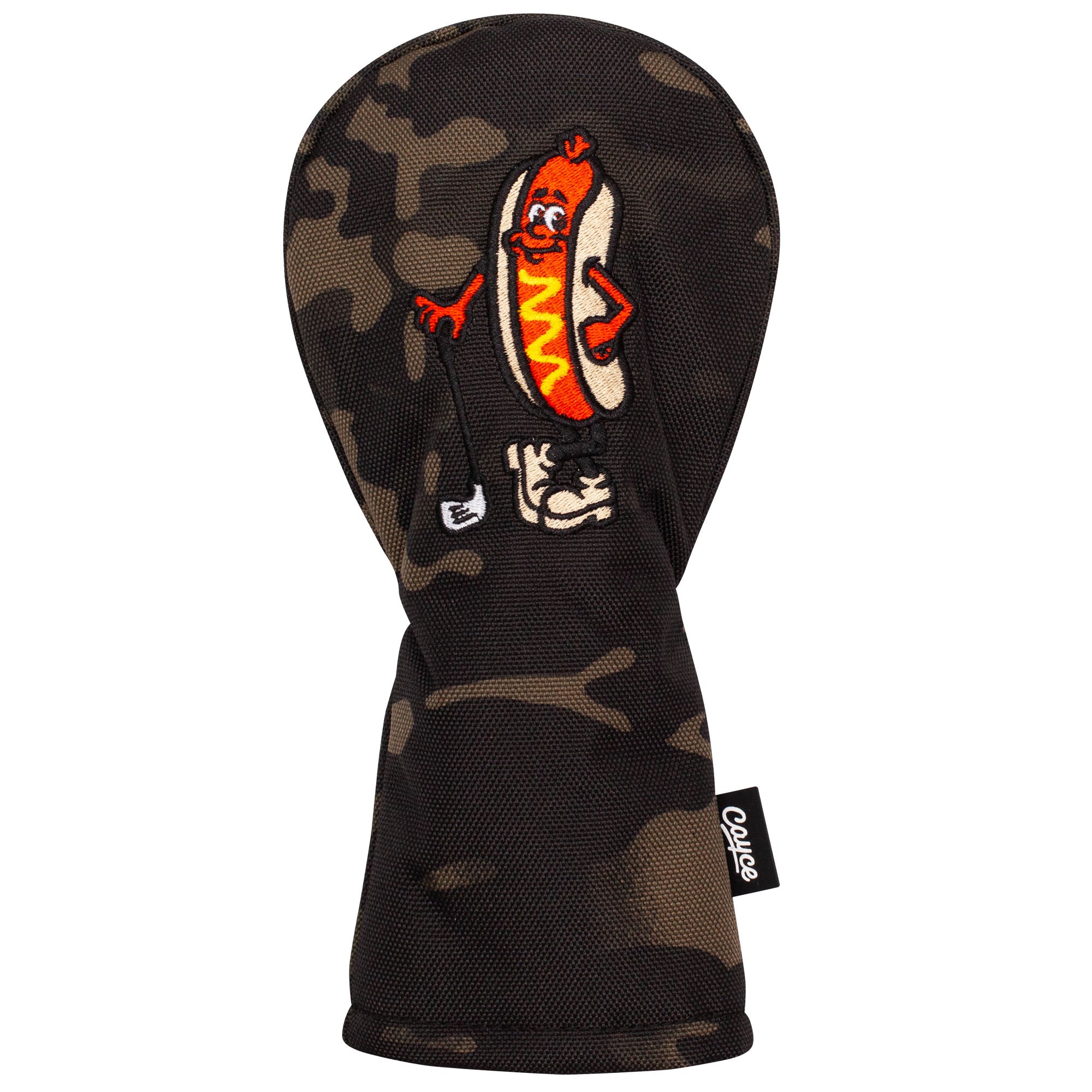 A camouflage, hourglass-shaped hybrid headcover cover for golf with embroidered hot dog golfer on the top. 
