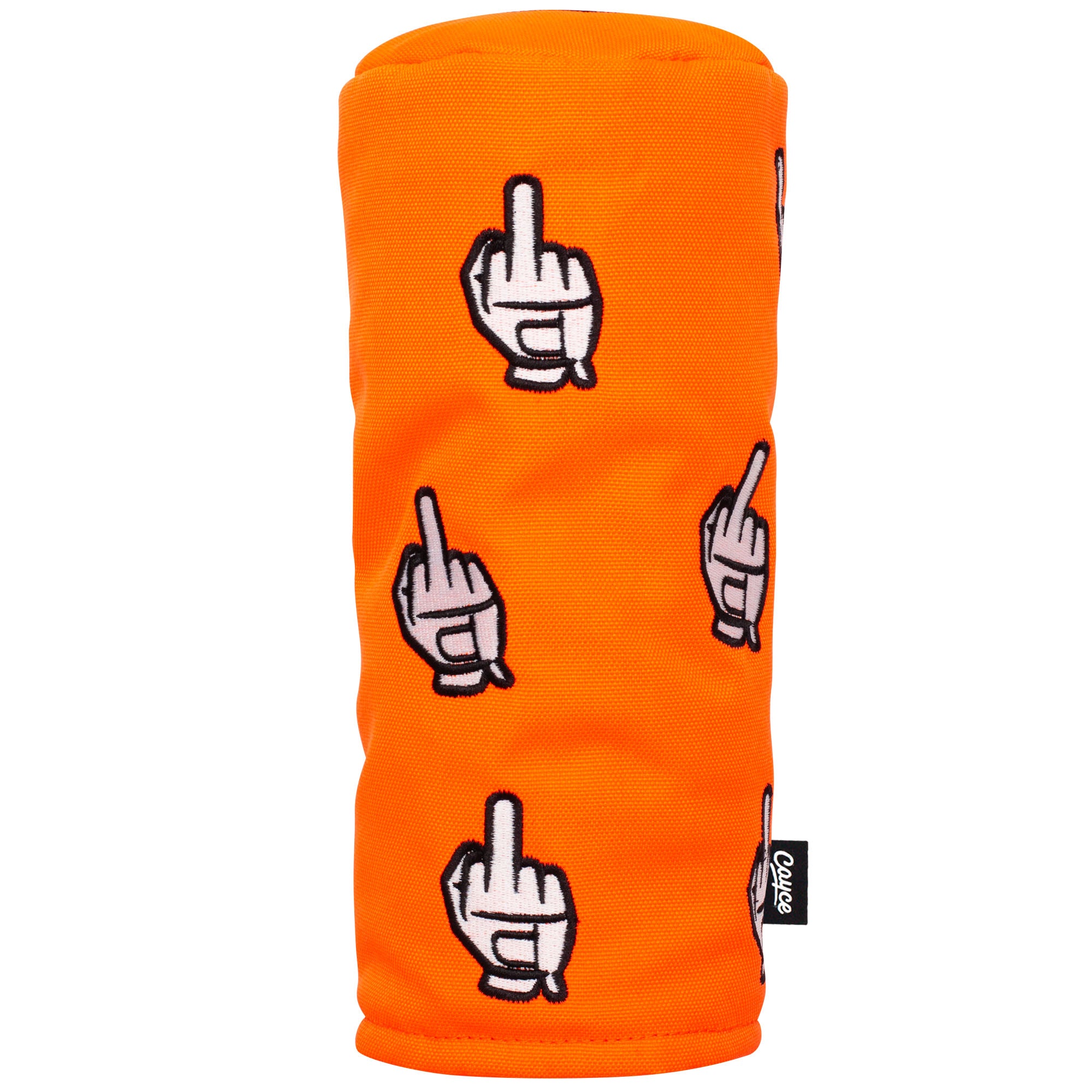 A fluorescent orange, barrel-shaped golf head cover with an embroidered middle finger in a golf glove pattern. 