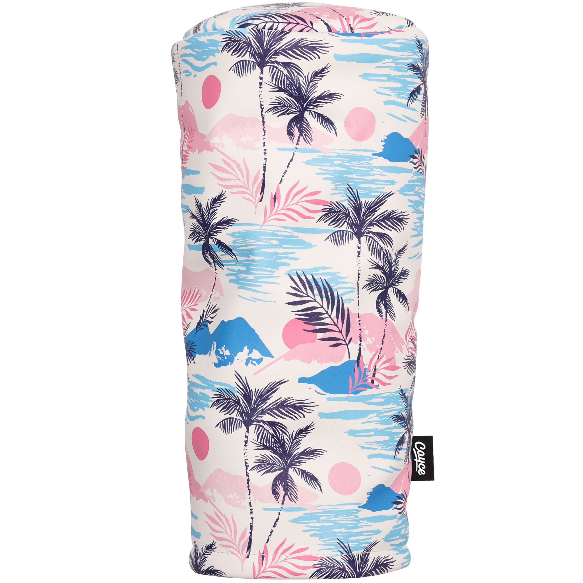 tropical, beach themed out of office golf head cover from cayce golf featuring bright pinks and light blues