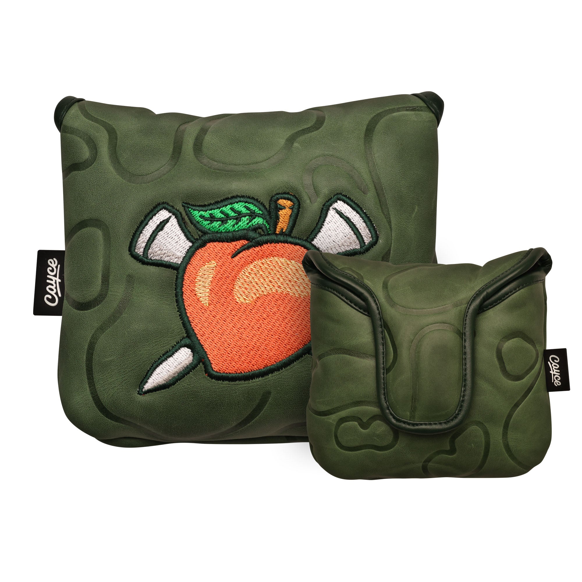 forrest green, full grain leather magnetic mallet putter cover with embroidered peach and crossed tees logo from cayce golf