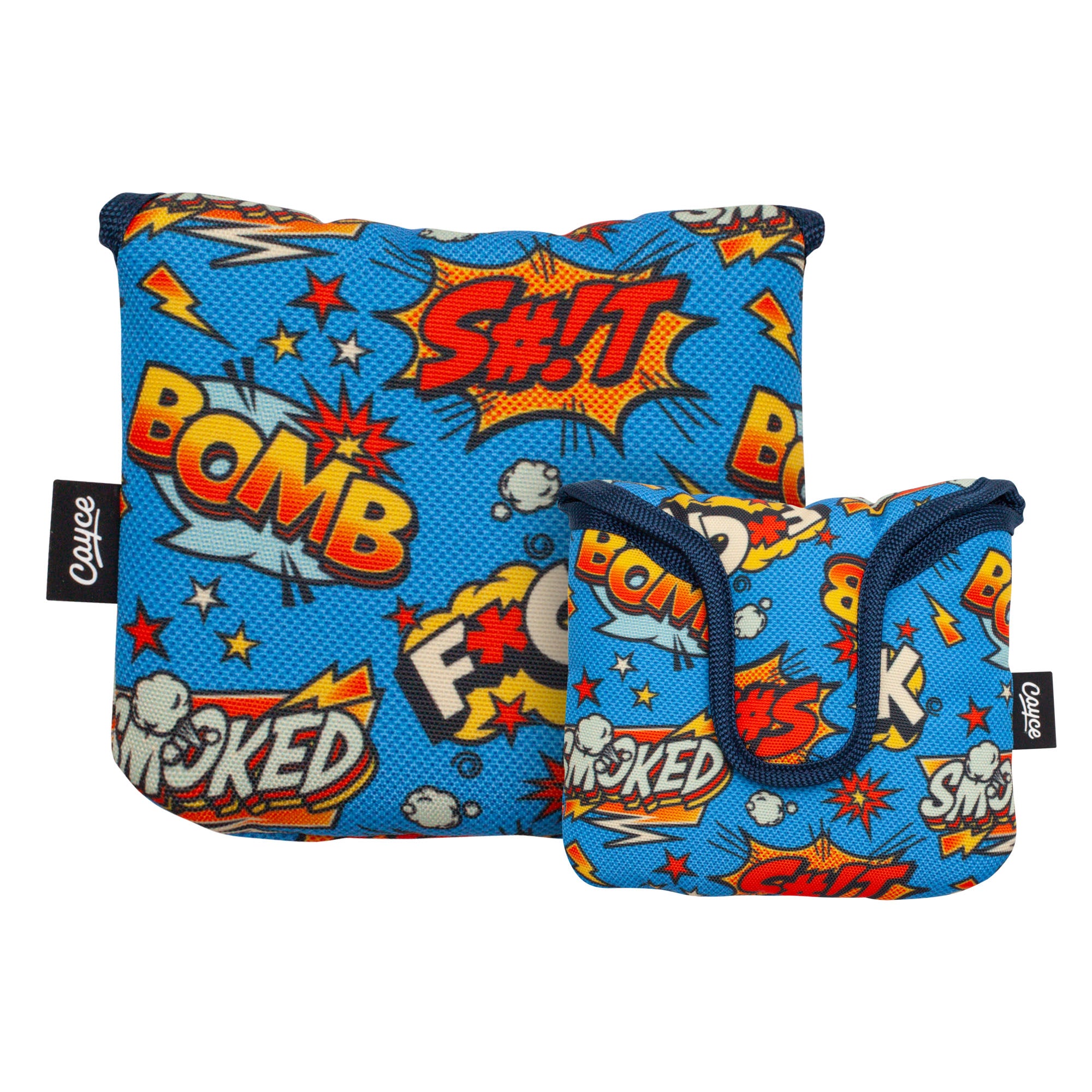front and back view of the pop art inspired sh*t, f*ck magnetic mallet putter cover from cayce golf