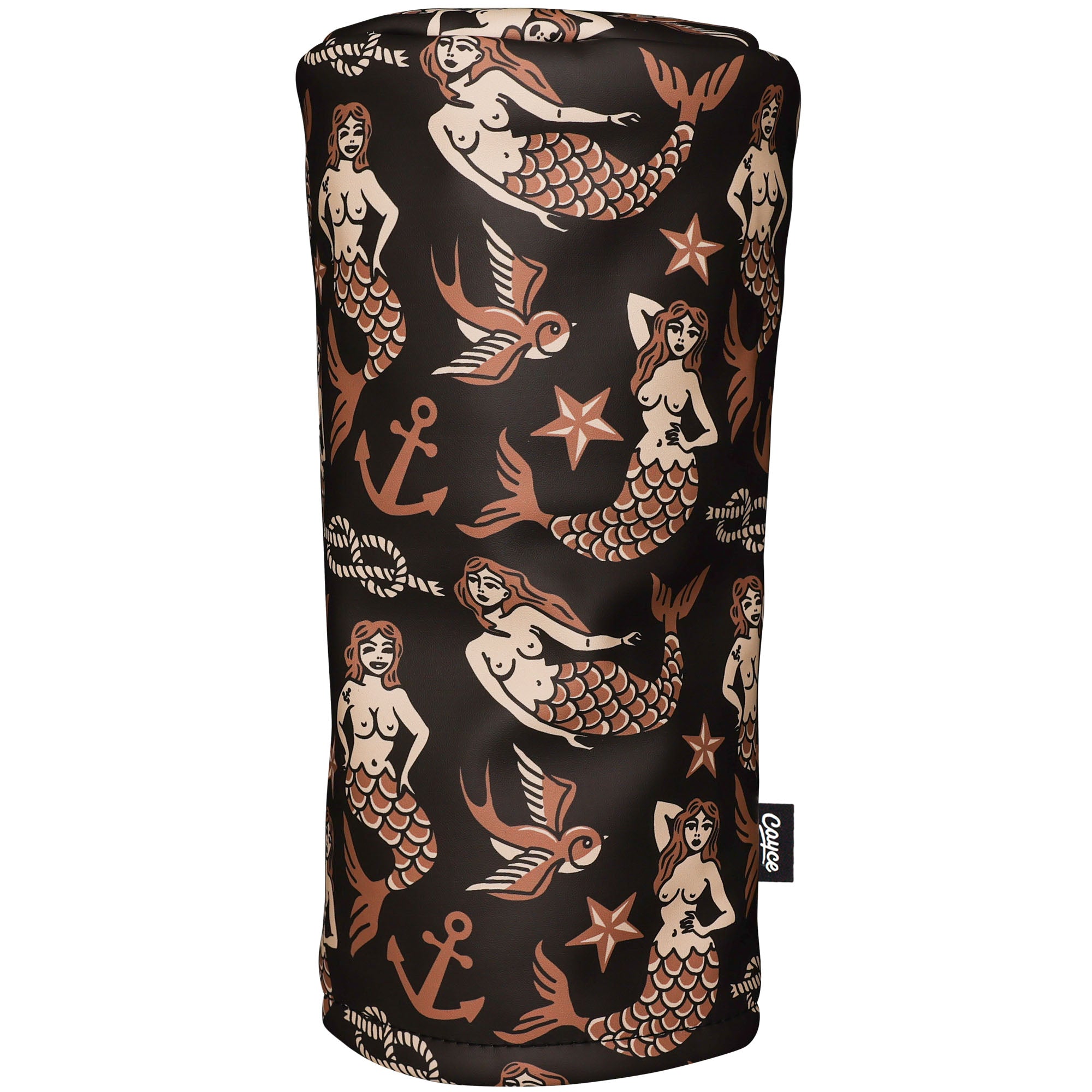 golf head cover with vintage tattoo style mermaids, anchors, birds, and other nautical themed items on a black background