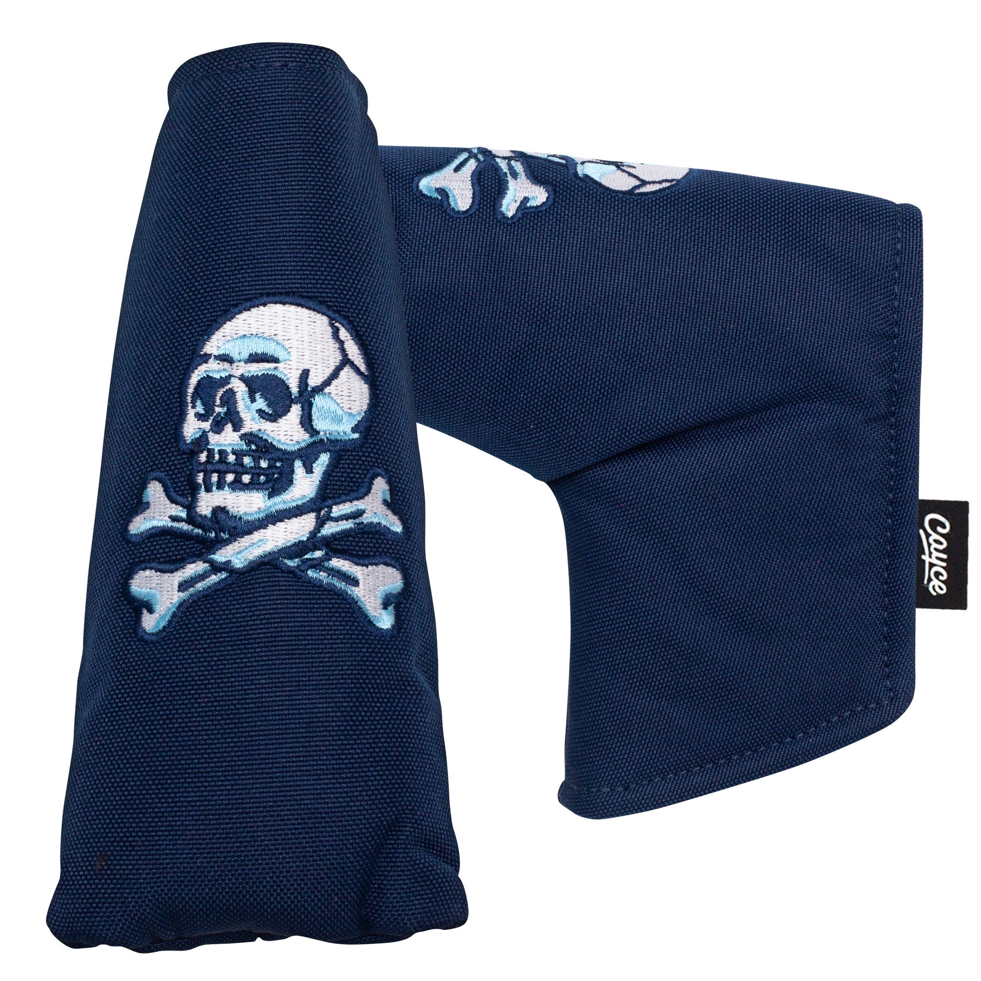 A navy magnetic blade putter cover with an embroidered skull and crossbones logo from Cayce Golf.