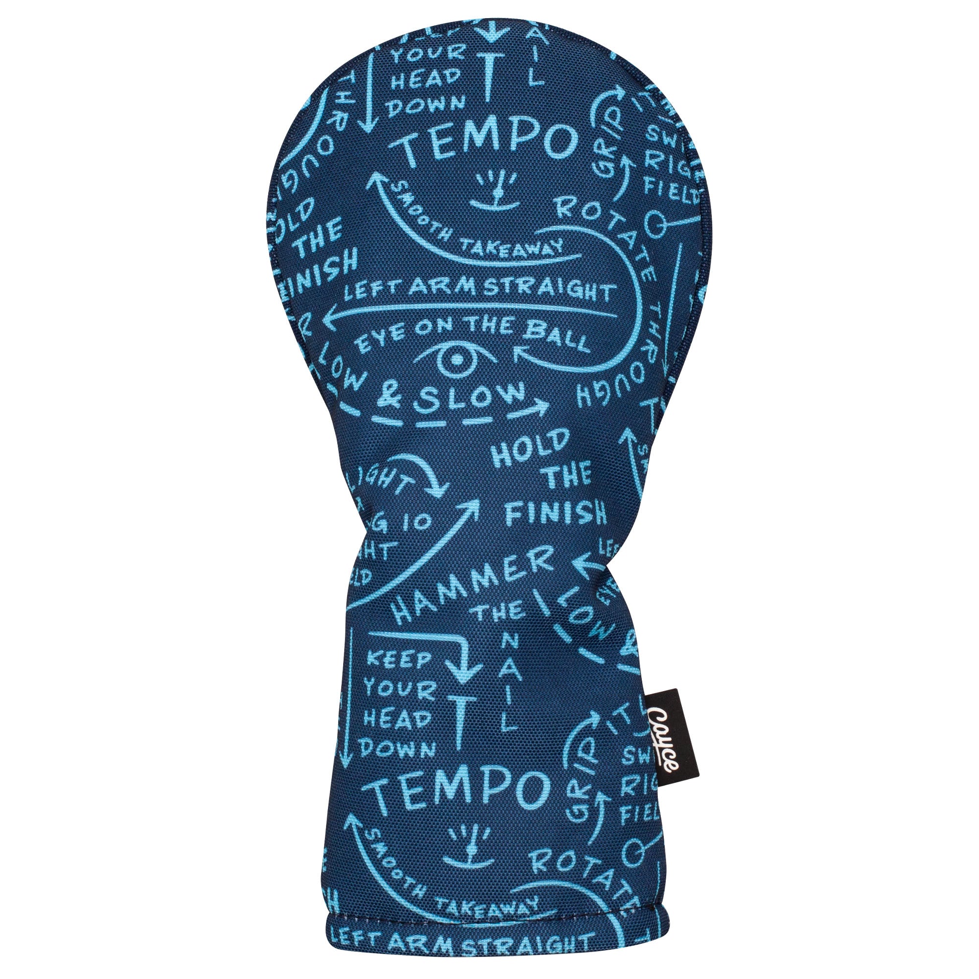 navy, hourglass shaped hybrid headcover with blueprint style "swing thoughts" pattern written all over the cover sitting on a white background