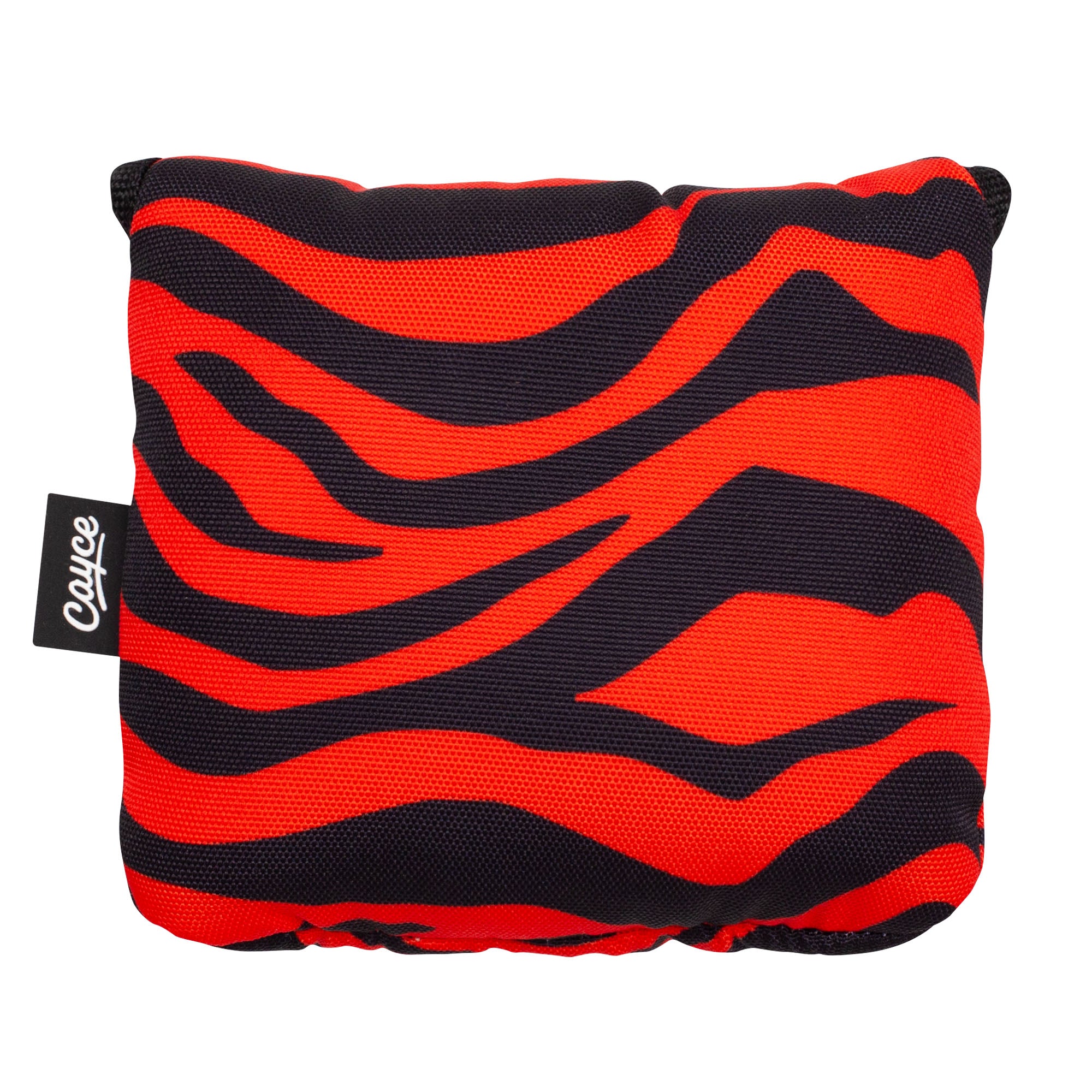 A bright, orange and black tiger-striped, square, magnetic mallet putter headcover.