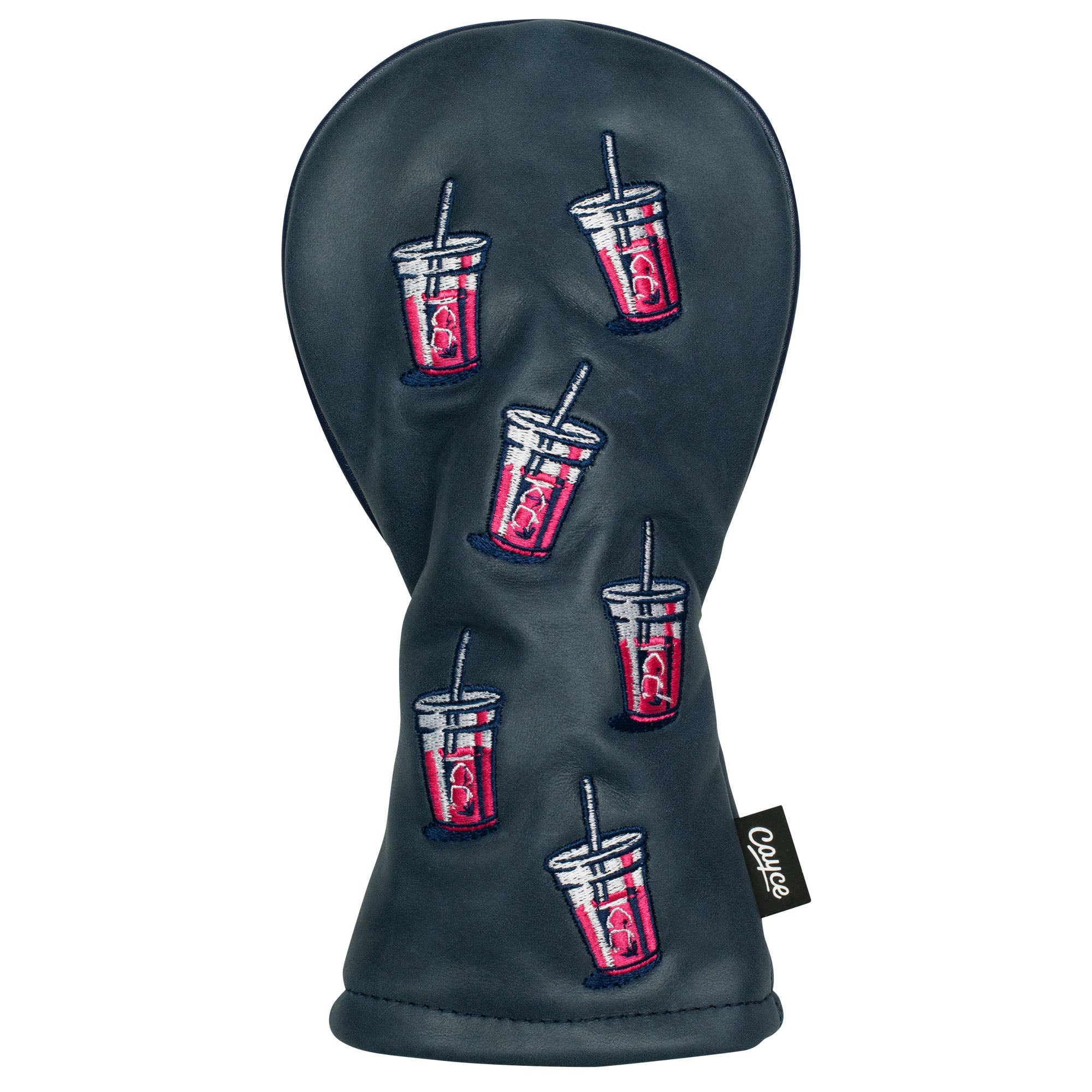 Navy, hourglass-shaped, leather hybrid headcover from cayce golf with a embroidered dancing transfusion pattern