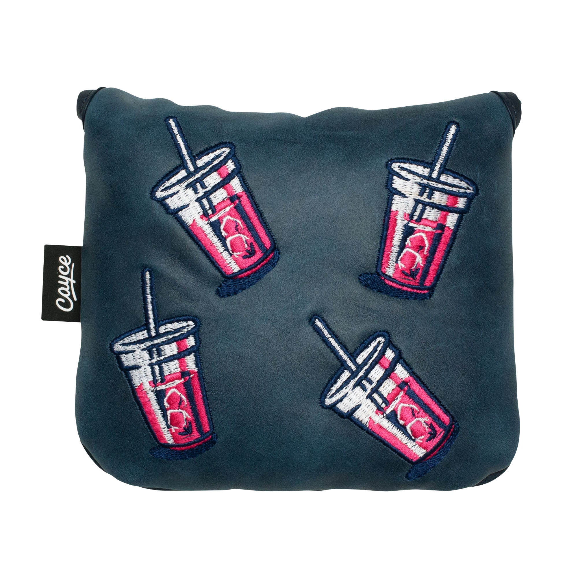 square, navy, leather mallet putter cover with embroidered transfusion drinks scattered by Cayce Golf