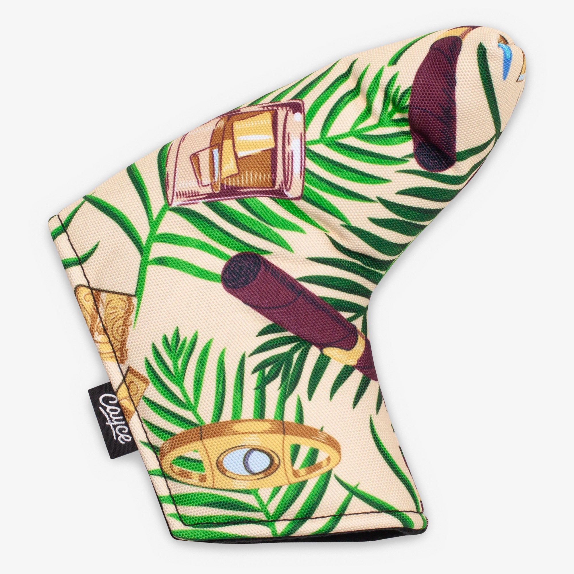 magnetic putter cover for blades and mid-mallets featuring a tropical cigars and whiskey design.