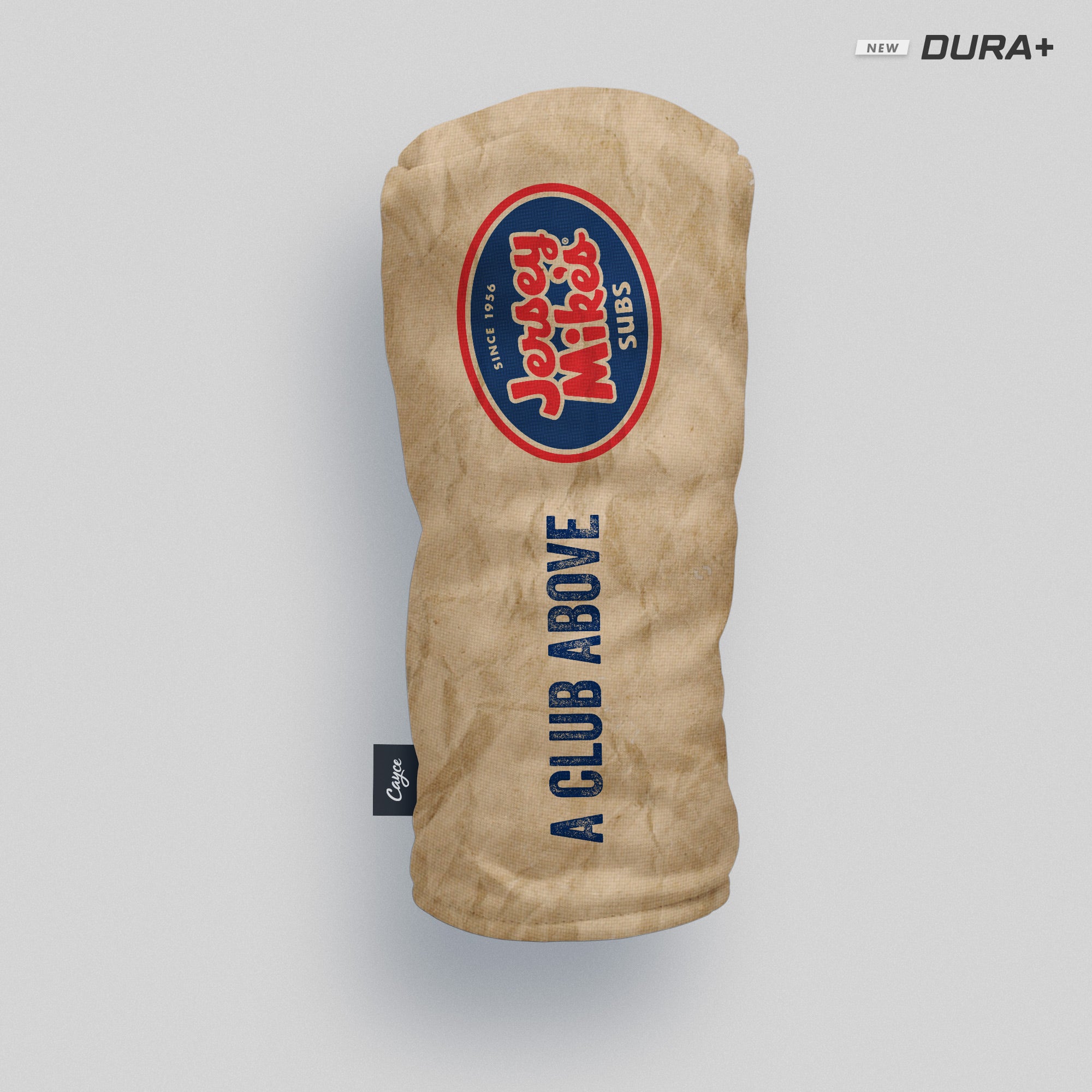 custom driver head cover for Jersey Mike's Subs in a brown paper wrapper design to match their actual sub bags. 