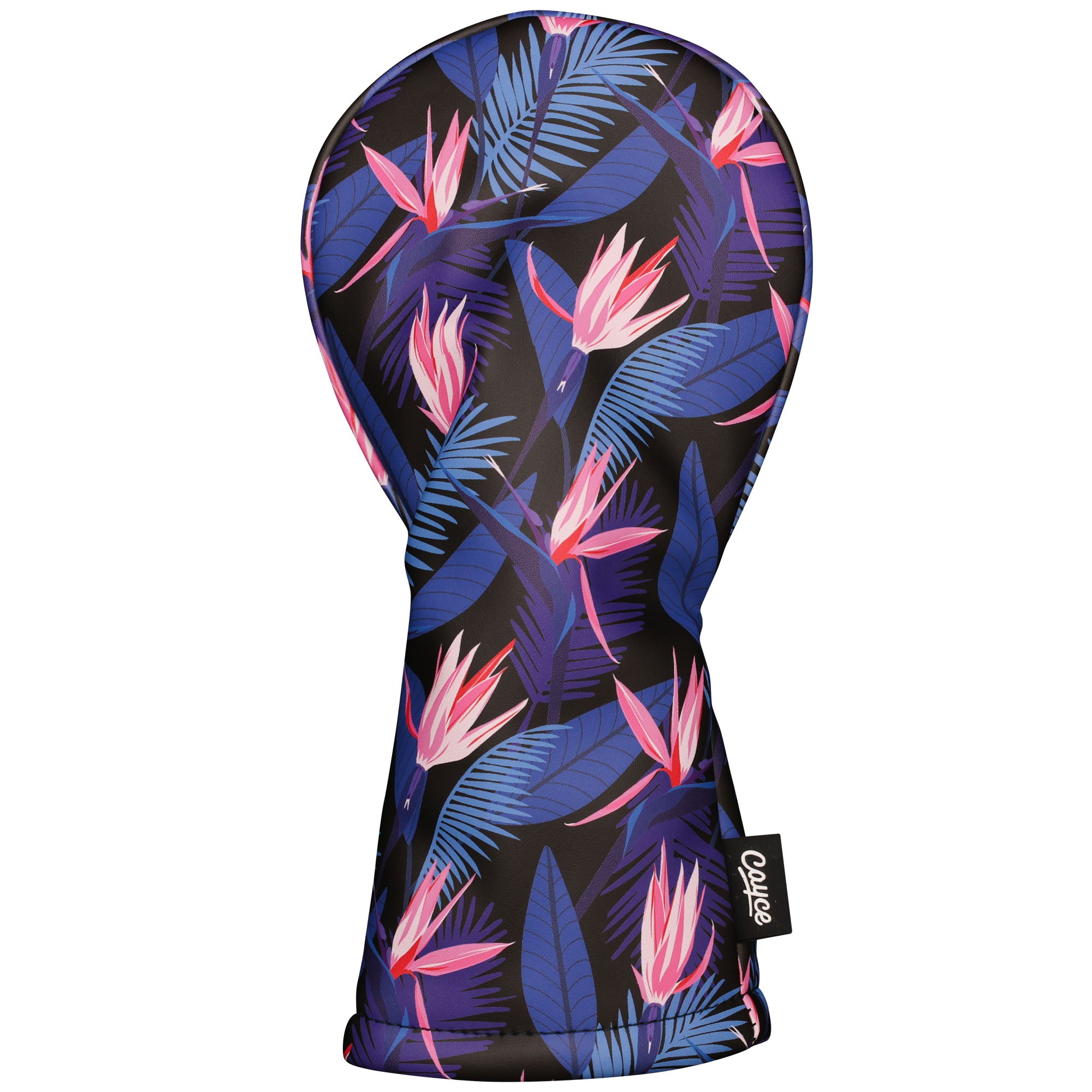 hybrid headcover with tropical birds of paradise flower pattern on a black background from cayce golf 