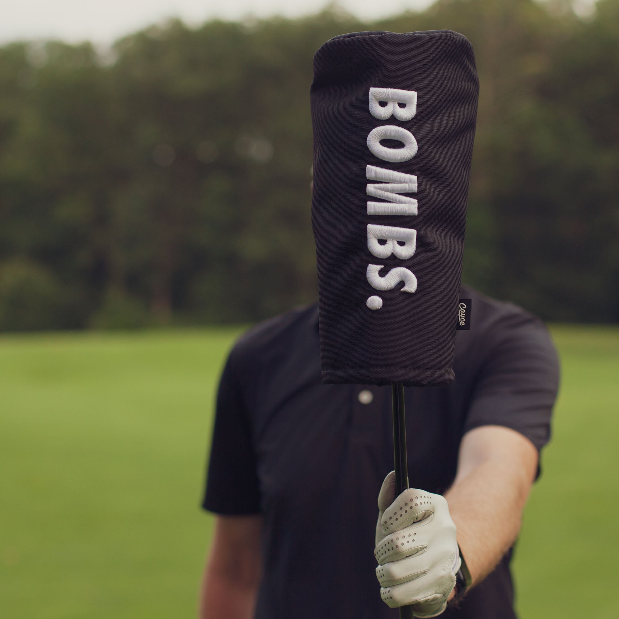 golfer in black shirt holding out a Driver with a BOMBS 3D Puff Embroidered driver head cover 