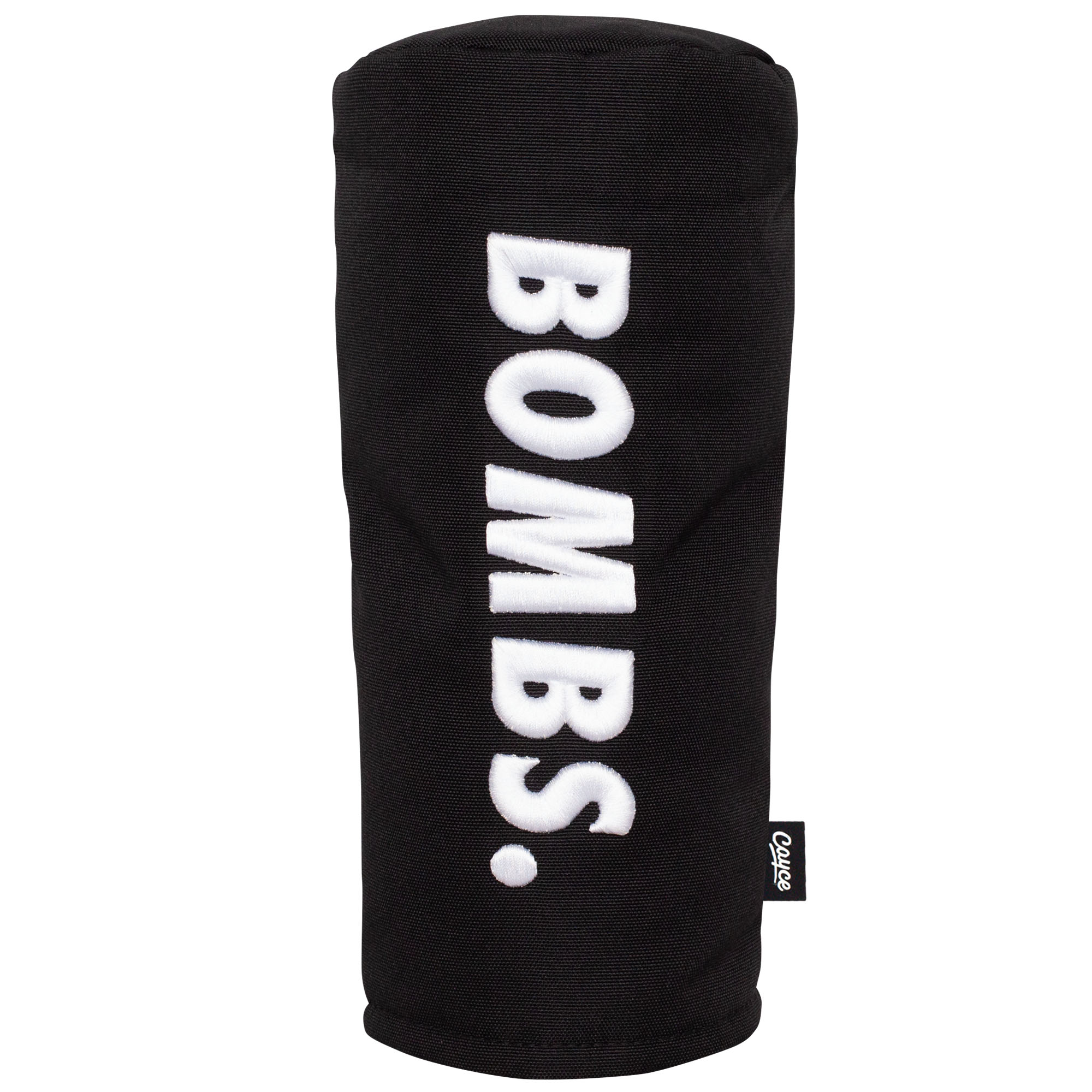 black, 900D barrel shaped driver headcover with 3D puff embroidery on each side saying "BOMBS." in white thread