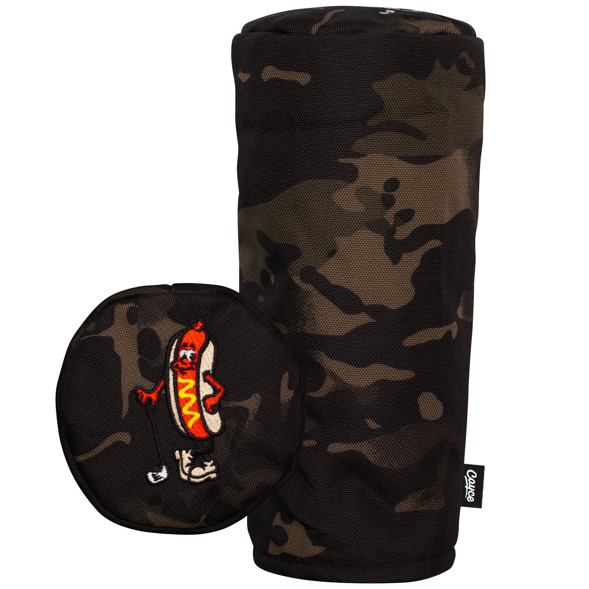 A camouflage, barrel-shaped driver club head cover with embroidered hot dog golfer on the top cap. 