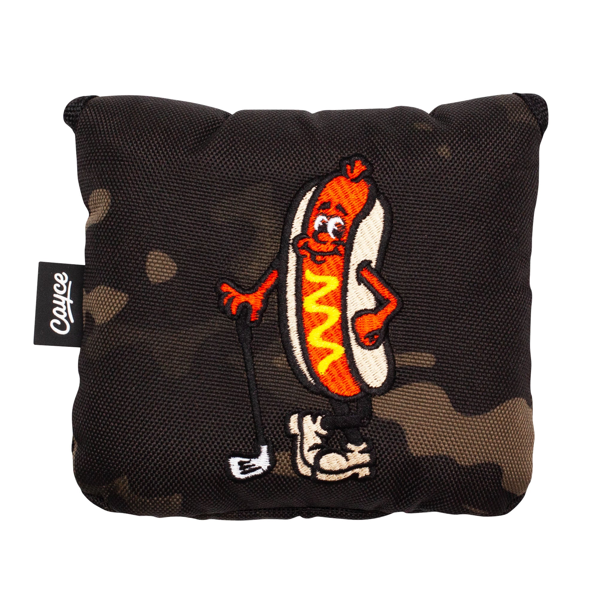 A camouflage, square, magnetic mallet putter headcover with embroidered hot dog golfer on the back.