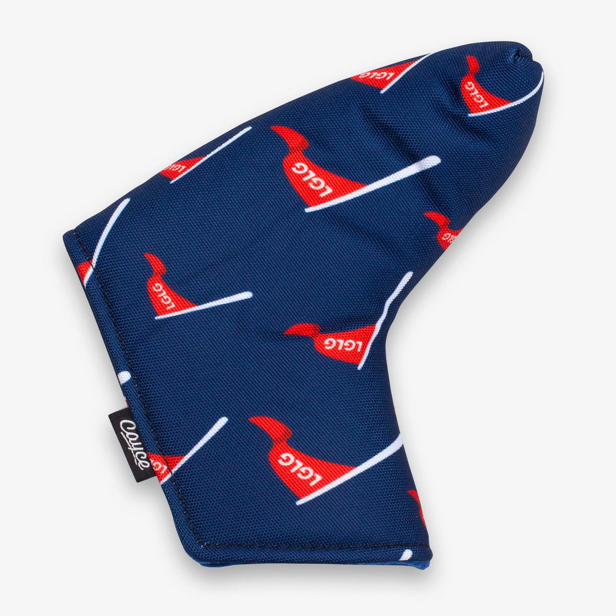 custom magnetic putter cover with printed design for the Chasing Scratch Podcast featuring a navy base, navy liner, and dancing red LGLG flags from Cayce Golf