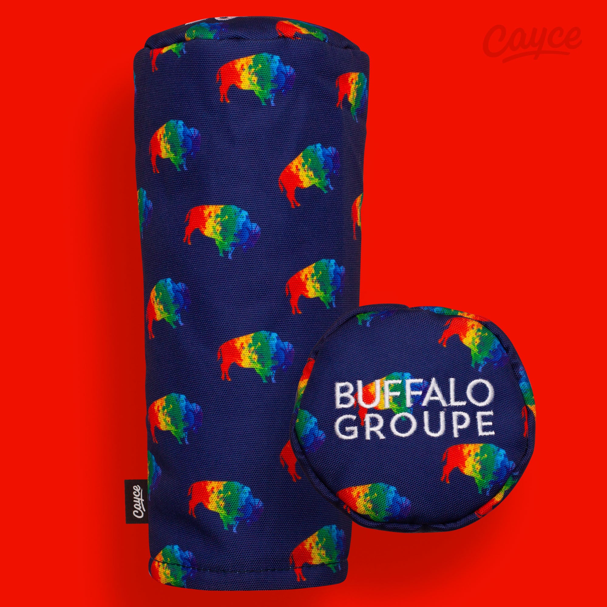 Custom golf head covers for the Buffalo Groupe. Navy Fairway Wood head covers with vibrant dancing buffalo design printed on our DURA+ outer shell and the "Buffalo Groupe" logo embroidered on the top cap. 