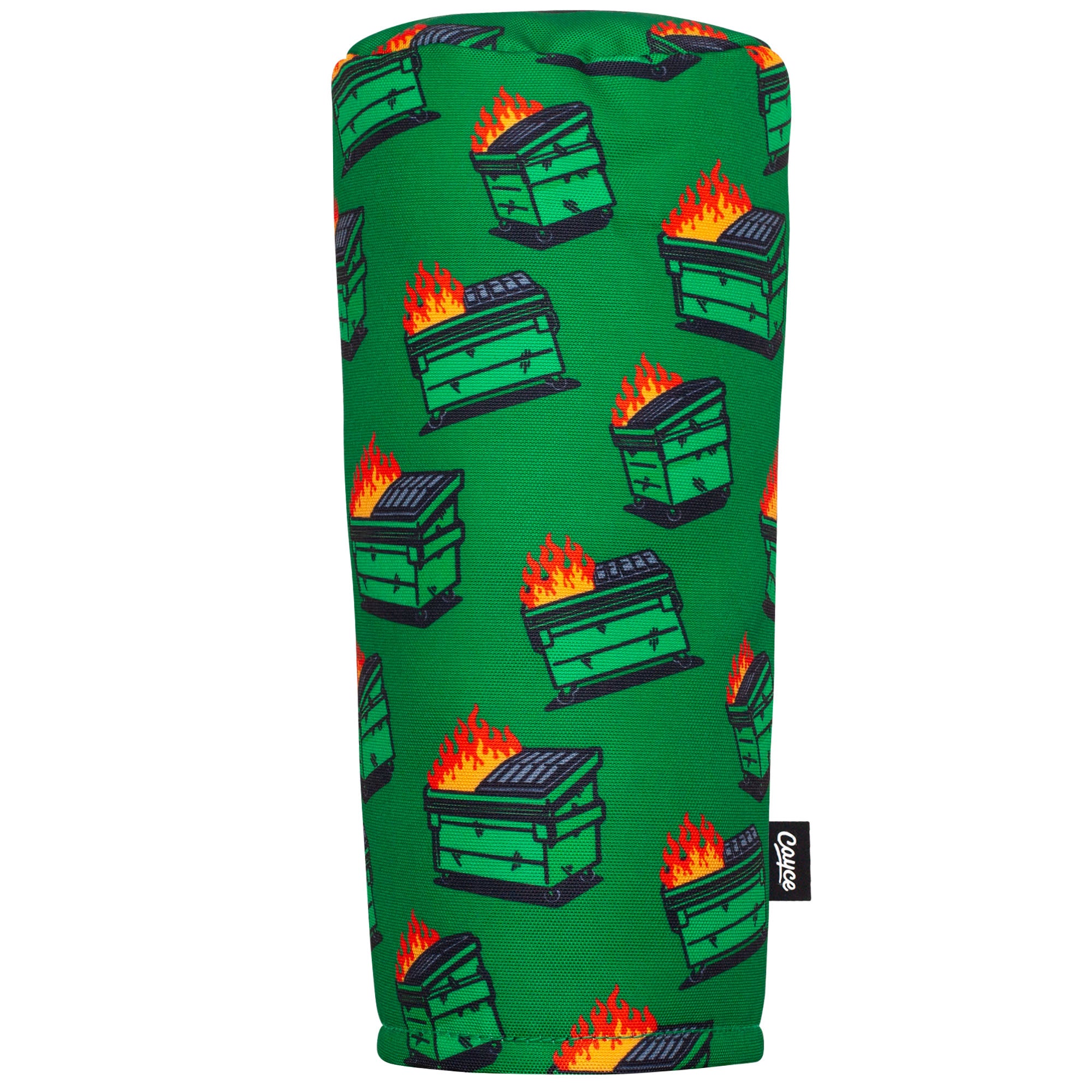 green, barrel shaped golf headcover with a dancing dumpster fire pattern sitting on a white background