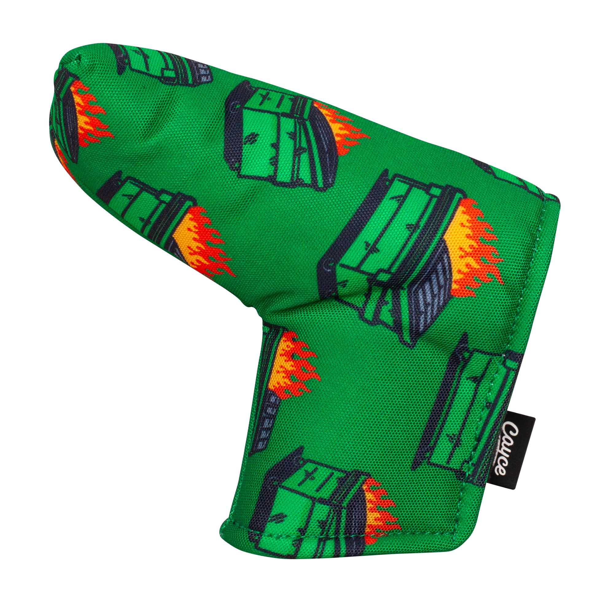 green golf putter cover with dancing dumpster fire pattern from Cayce Golf on a white background
