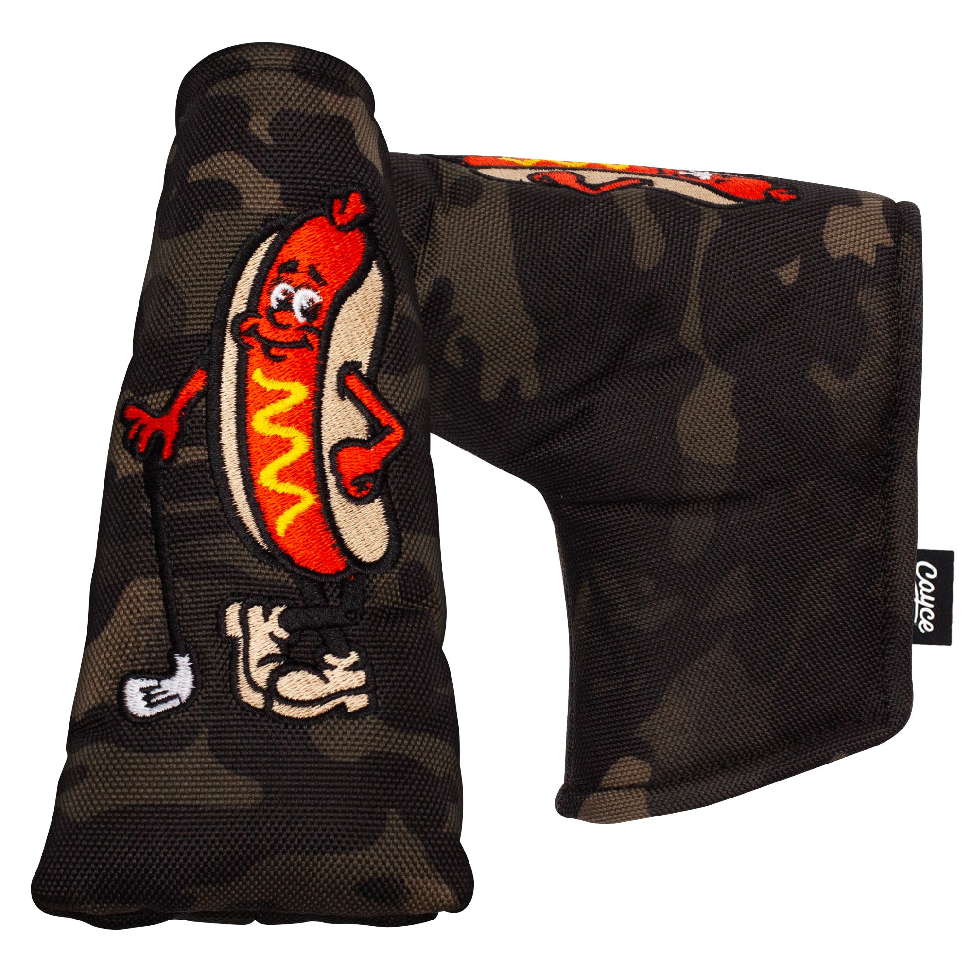A camouflage magnetic blade putter cover with embroidered hot dog golfer on the top.