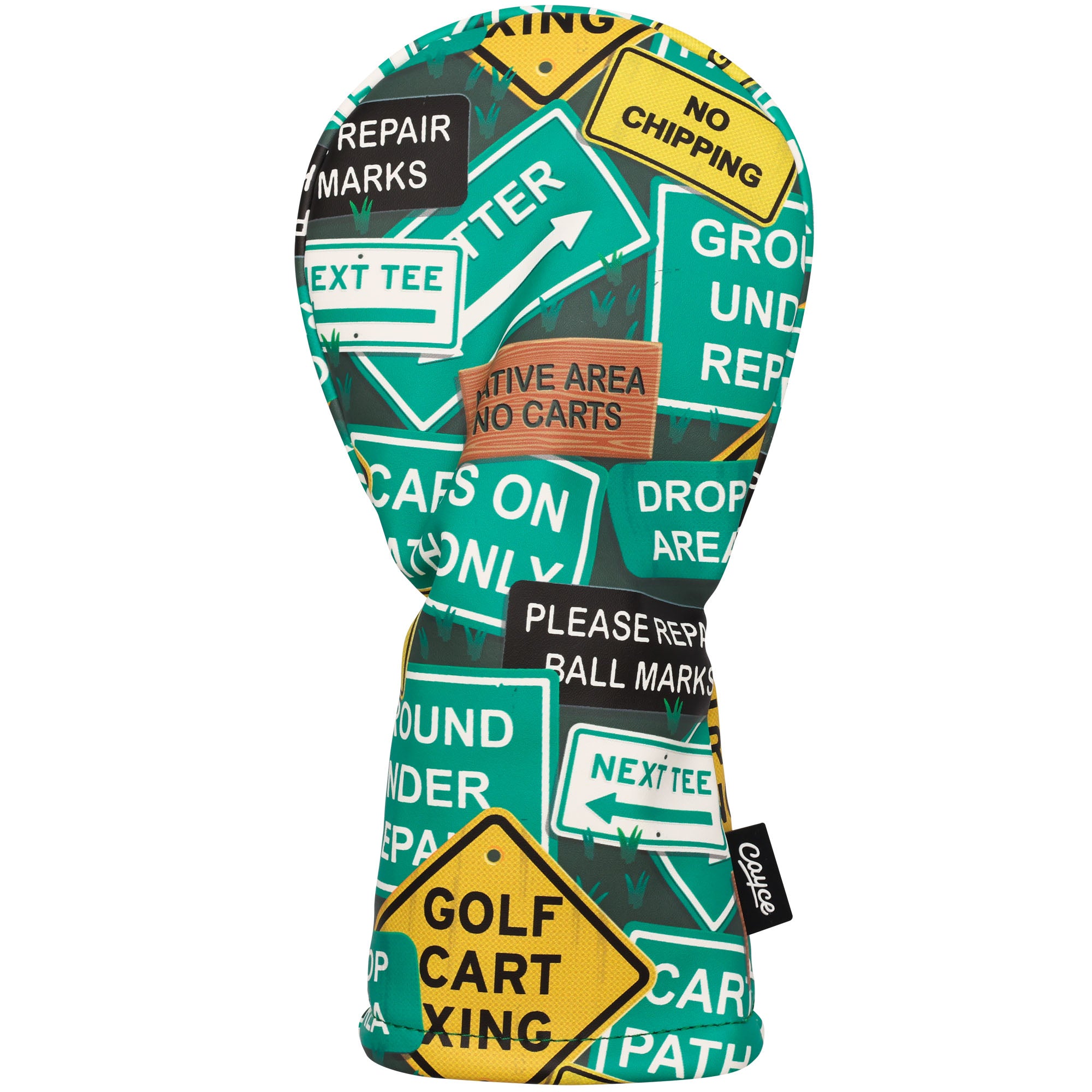 hybrid headcover with green and yellow golf course sign pattern created by cayce golf 
