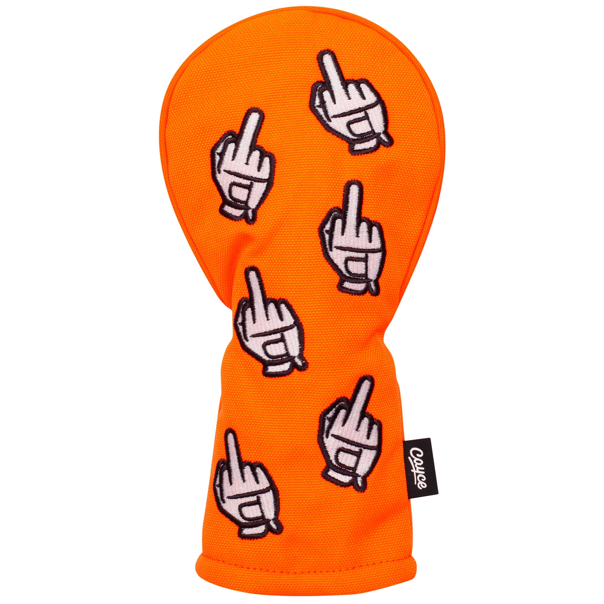 A fluorescent orange, hourglass-shaped hybrid headcover cover for golf with scattered embroidered golf glove middle fingers. 