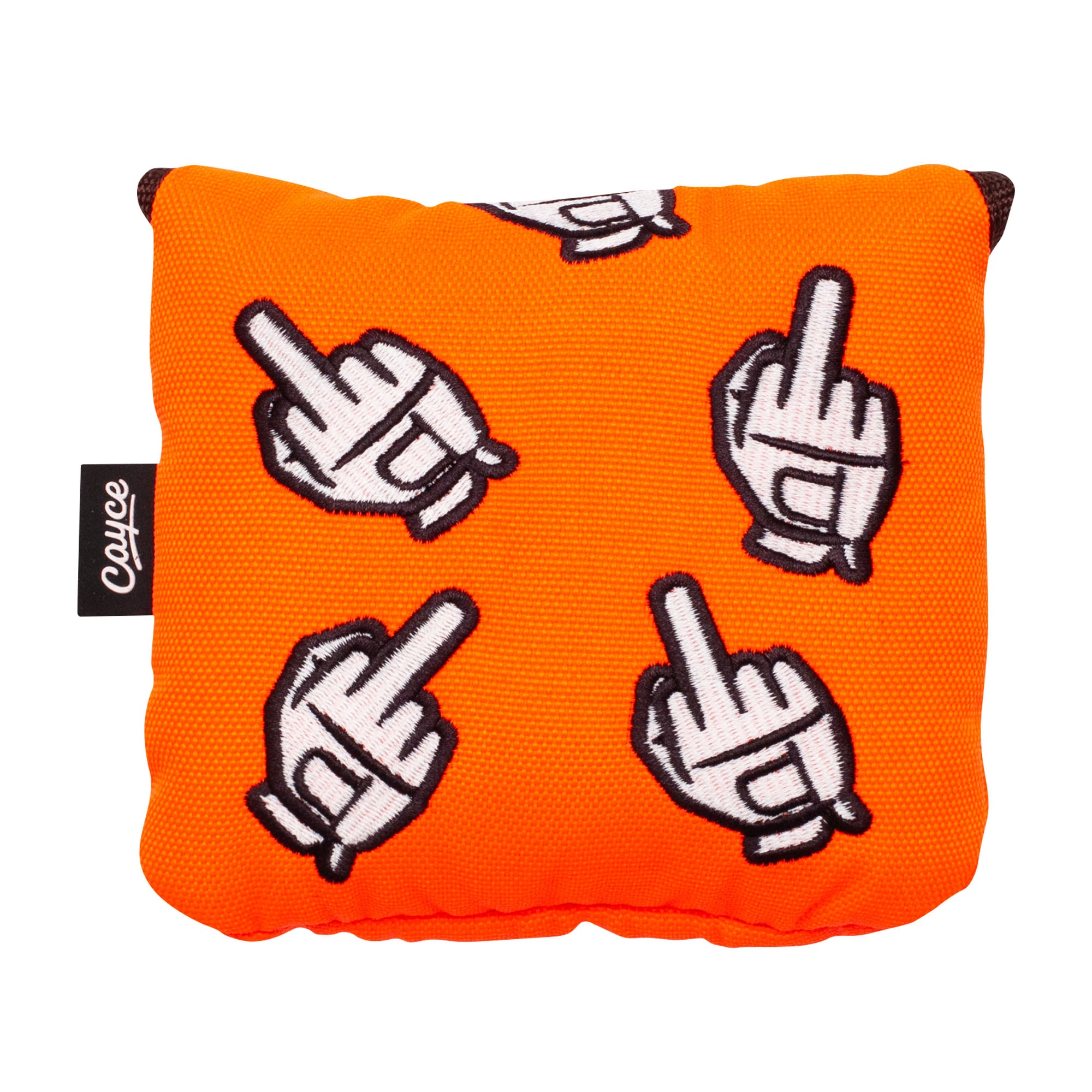 A fluorescent orange, square, magnetic mallet putter headcover with embroidered middle fingers in golf gloves.