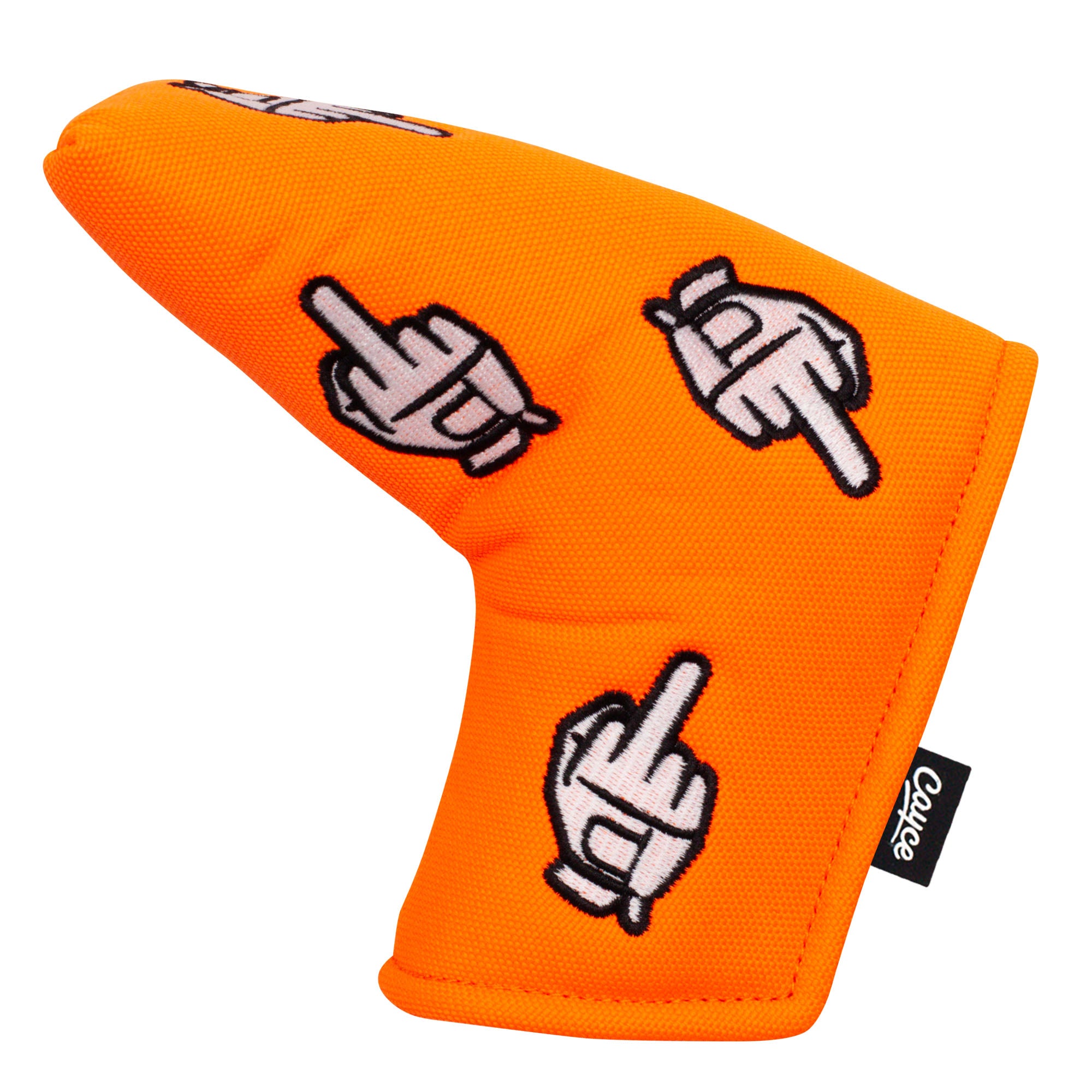 A fluorescent orange magnetic blade putter cover with embroidered golf glove middle fingers from Cayce Golf.