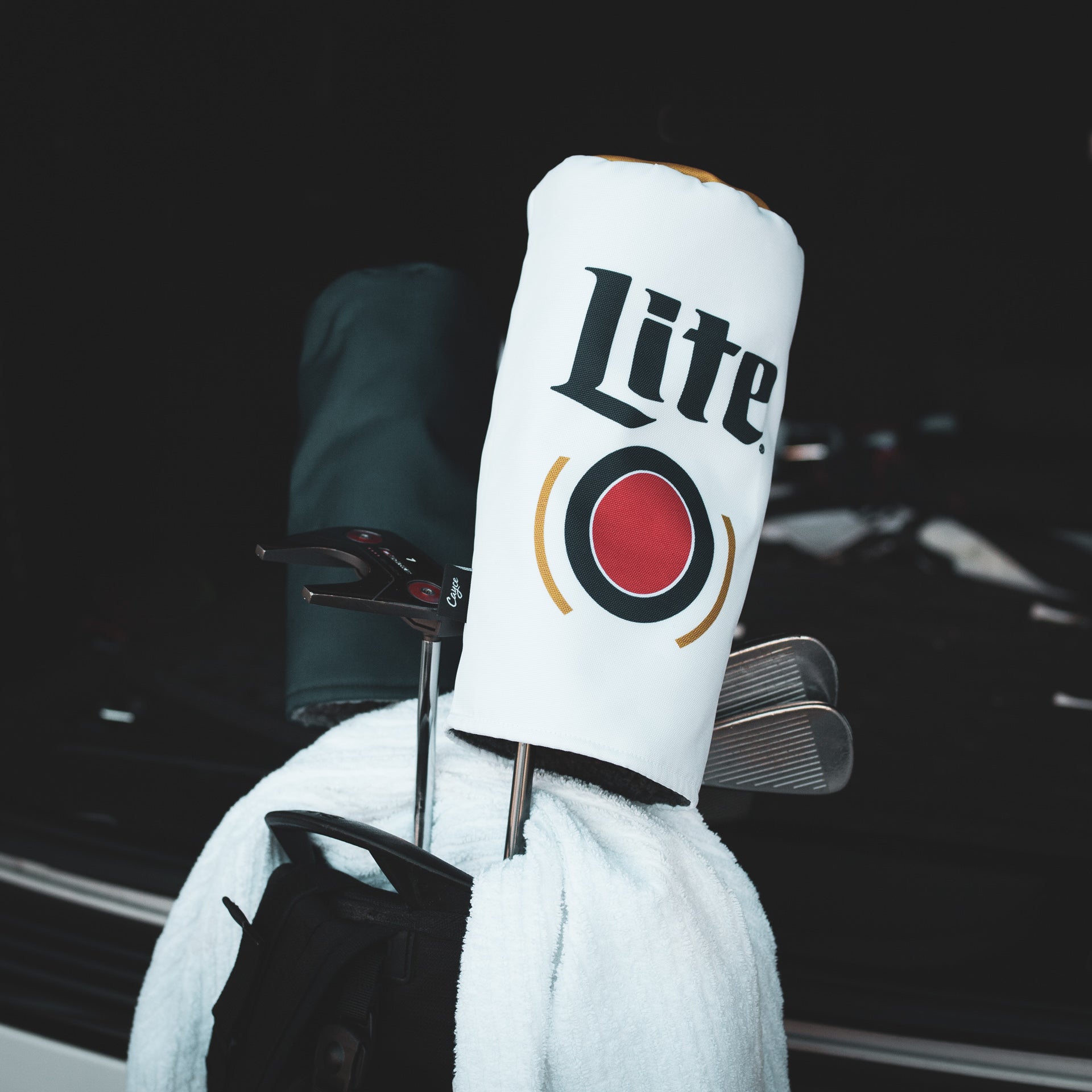 custom Miller Lite golf headcover from Cayce Golf featuring a beer can-like design