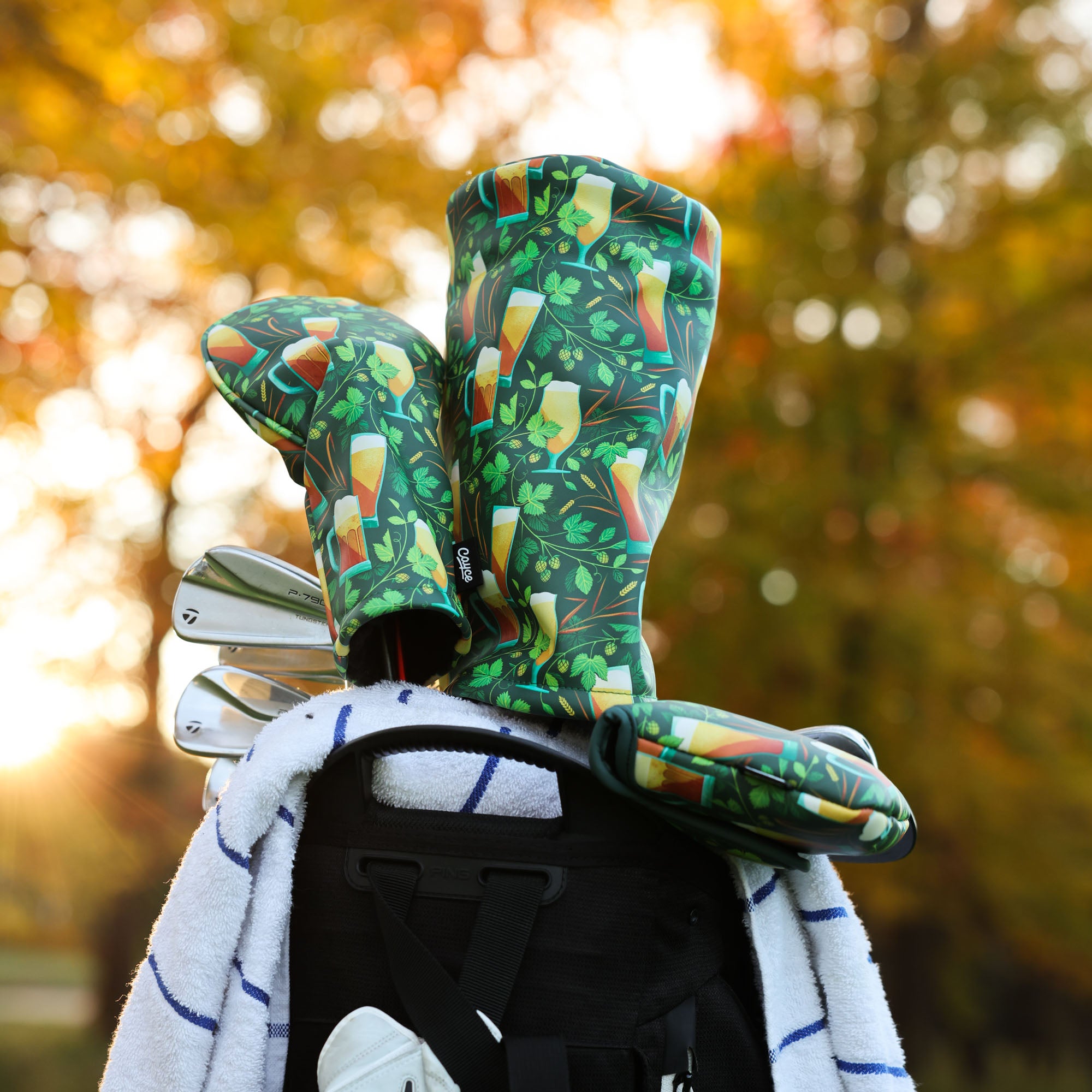 driver head cover featuring a beer and hops pattern from cayce golf
