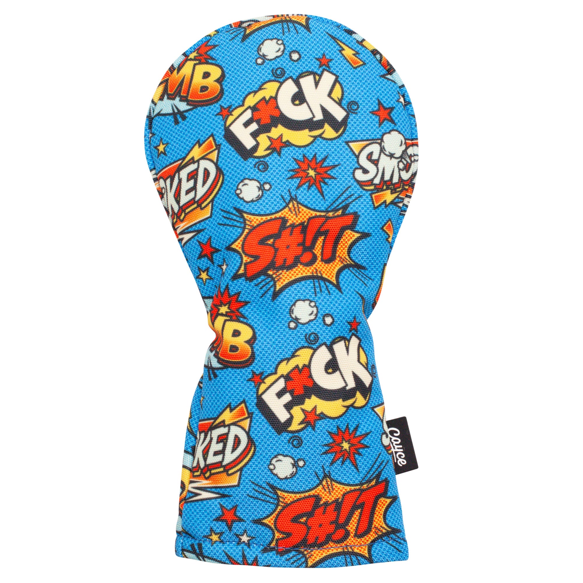 hilarious, vibrant, blue hybrid headcover for golf with a pop art inspired design featuring common words golfer say