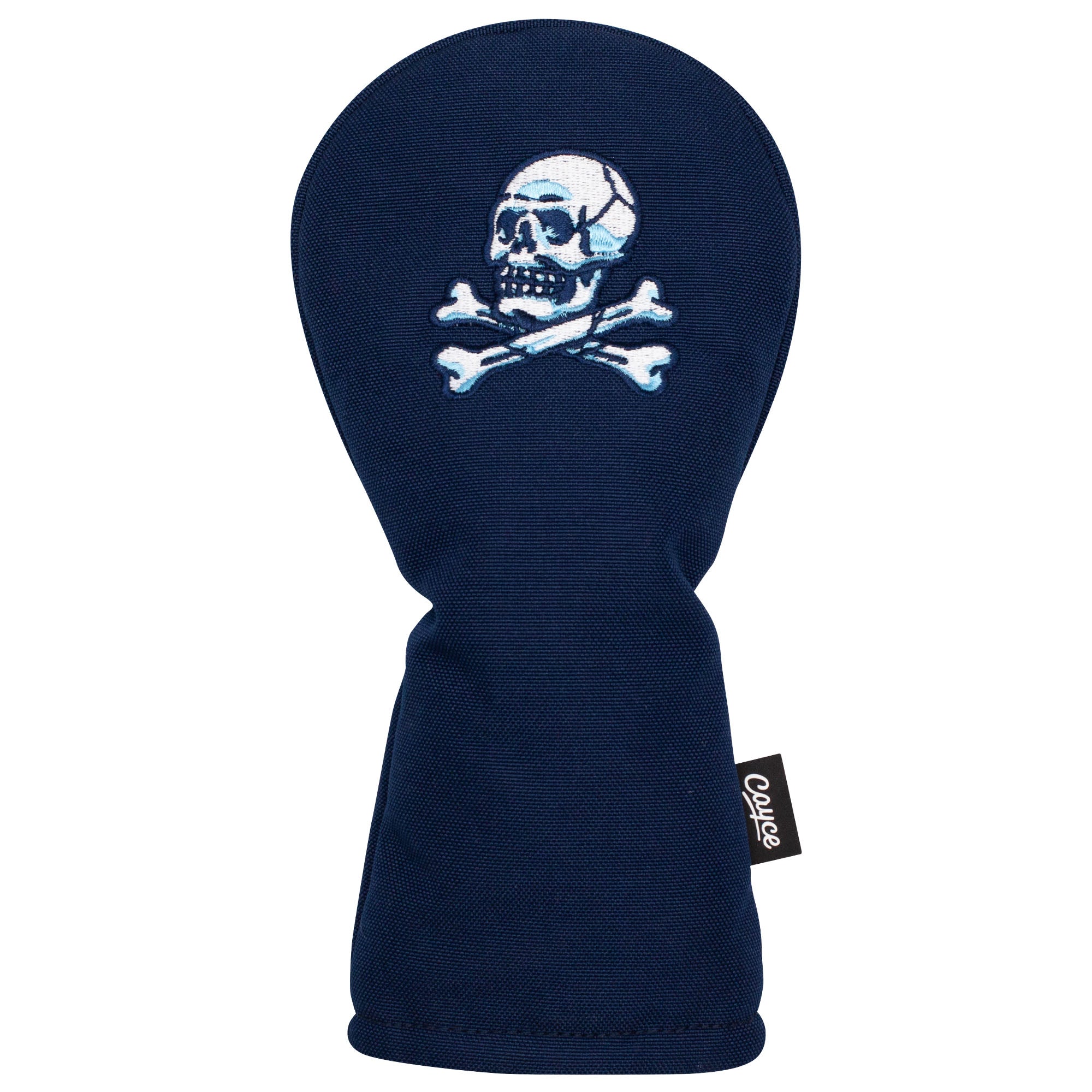 A navy, hourglass-shaped hybrid headcover cover for golf with an embroidered skull and crossbones logo. 