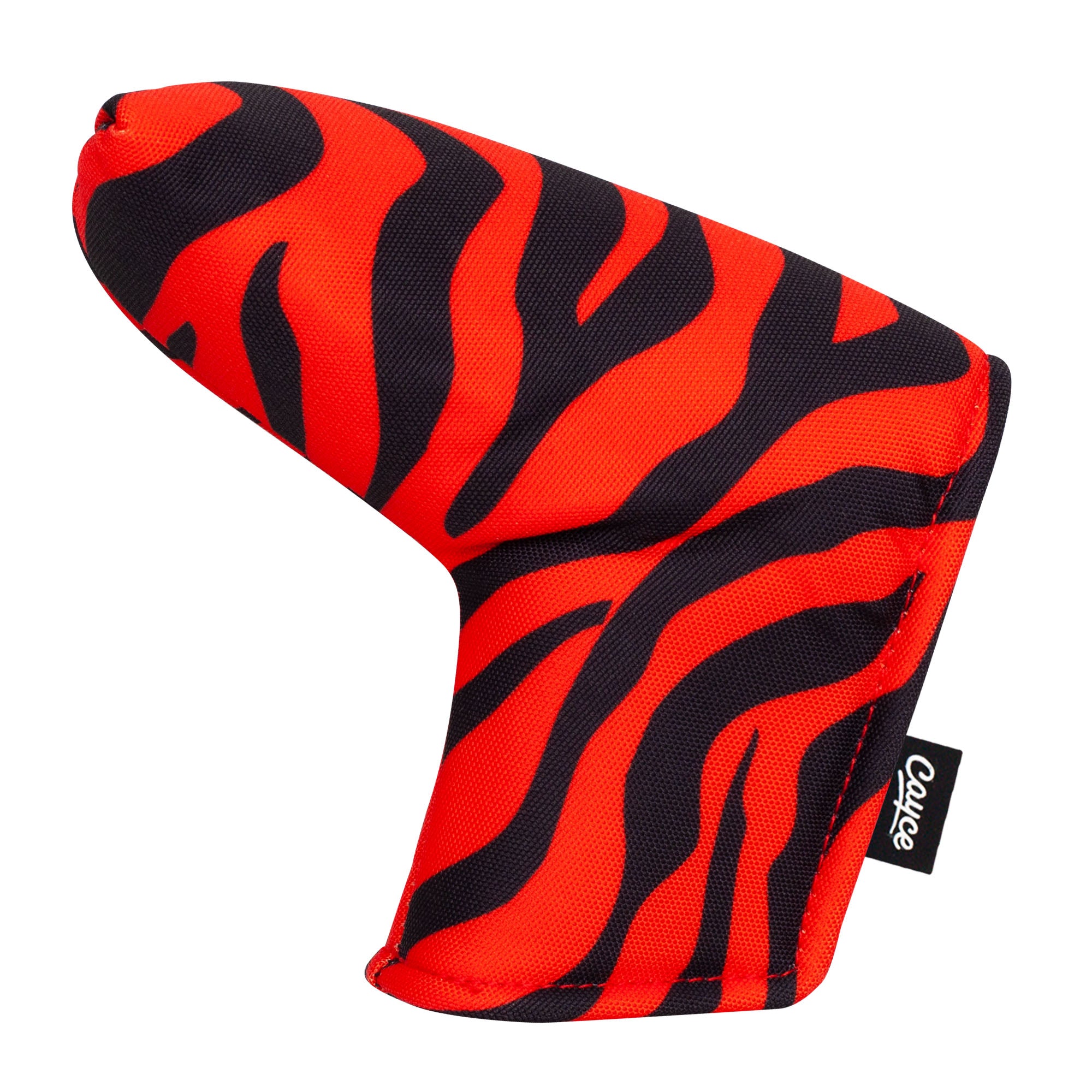 A bright, orange and black tiger-striped magnetic blade putter cover from Cayce Golf.