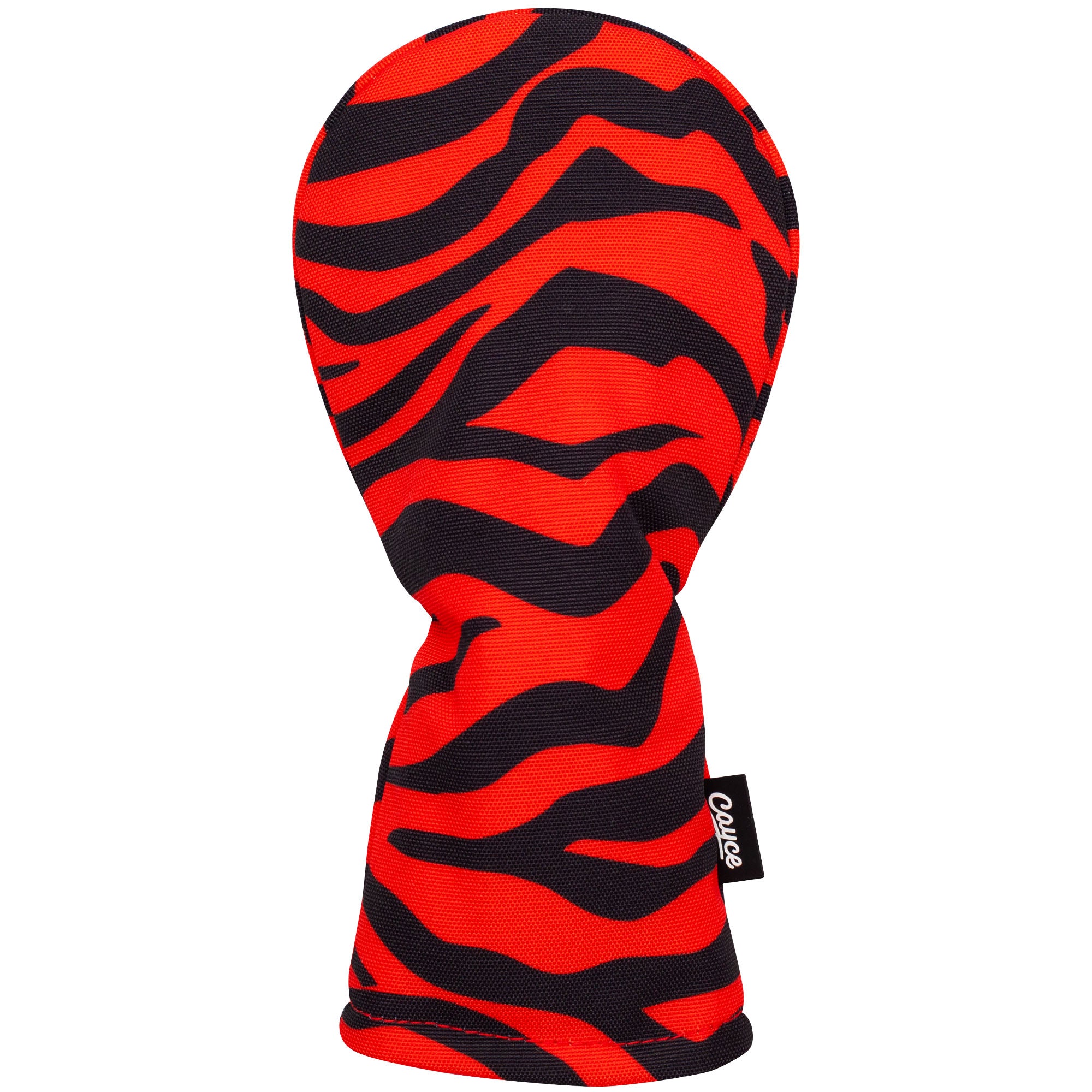 A bright, orange, and black tiger-striped, hour-glass-shaped hybrid headcover cover for golf.