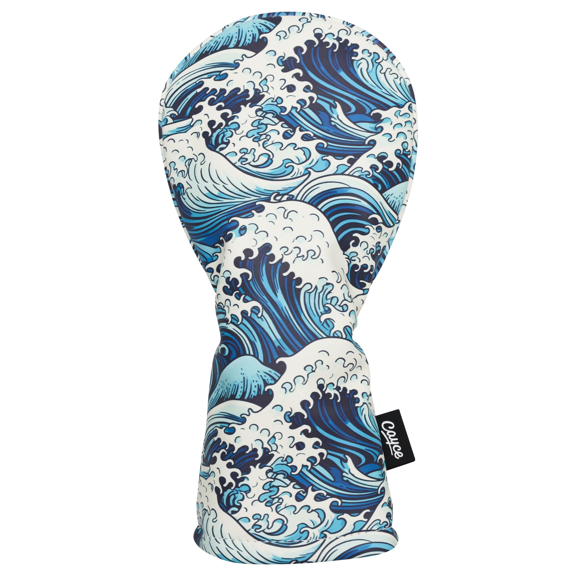 traditional, synthetic leather hybrid headcover for hybrids and smaller fairway woods with a japanese inspired wave illustration from cayce golf