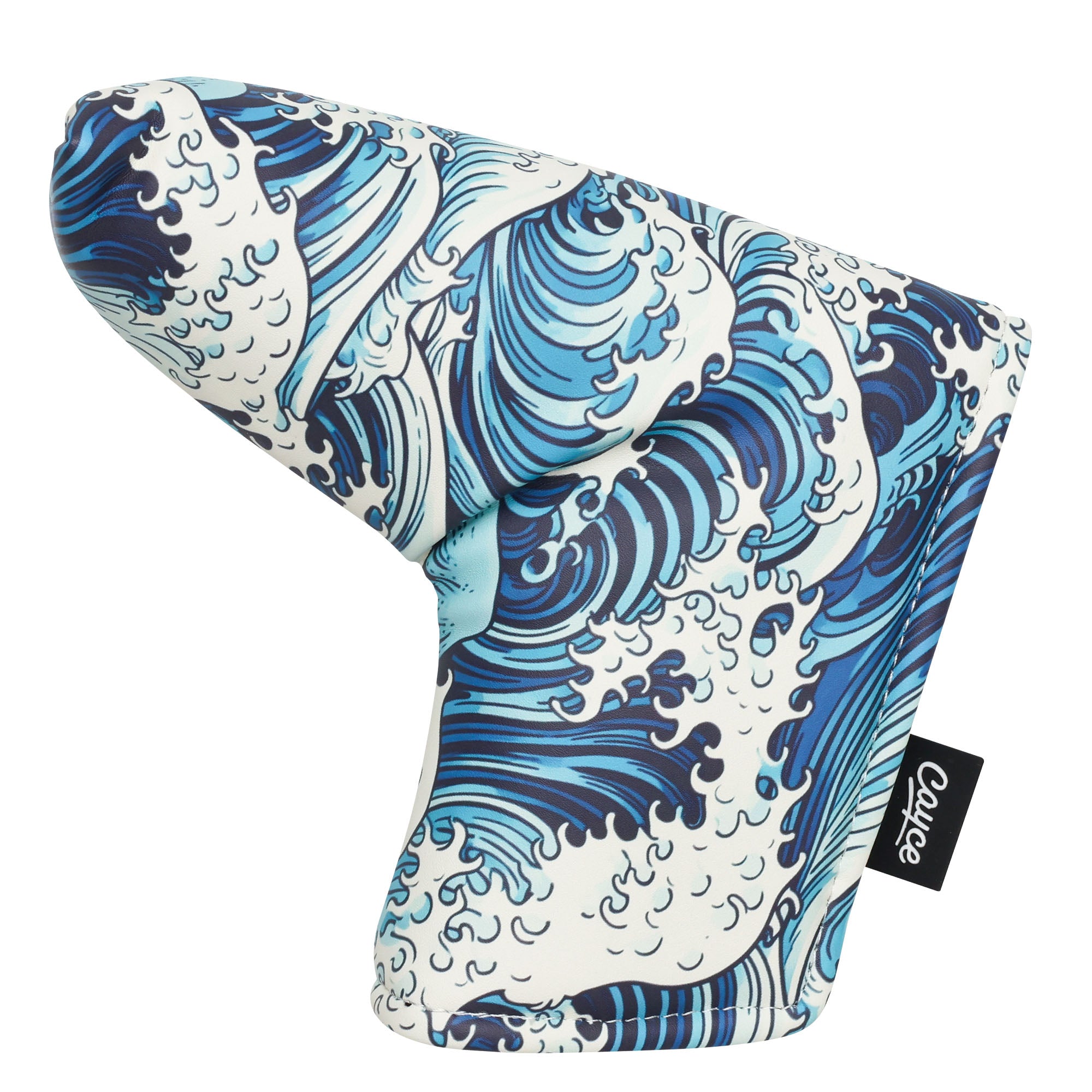 synthetic leather, magnetic putter cover for blade style putters with a japanese inspired wave illustration from cayce golf