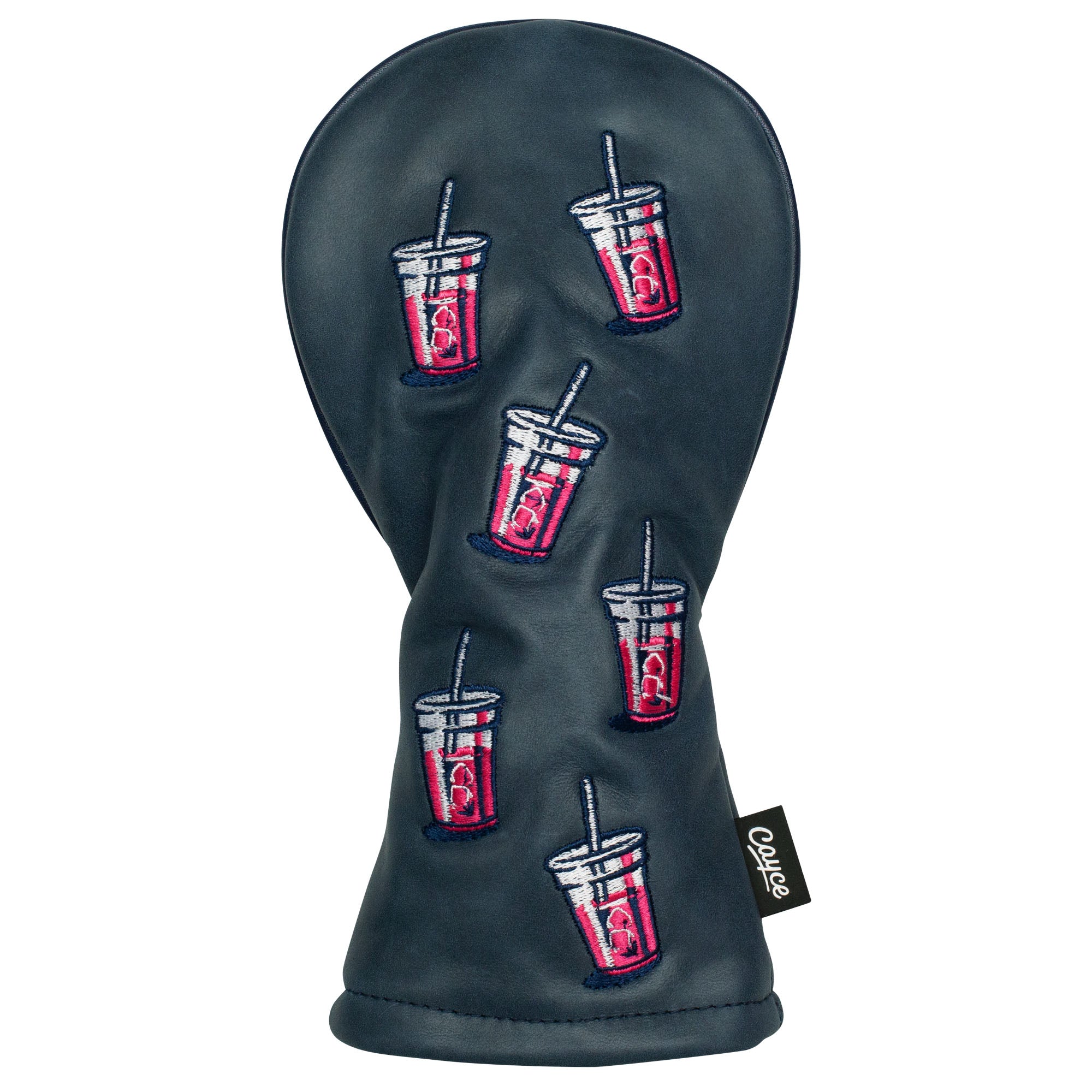 Navy, hourglass-shaped, leather hybrid headcover from cayce golf with a embroidered dancing transfusion pattern 