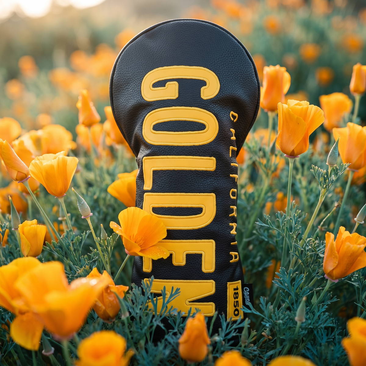 vintage california black and yellow license plate driver headcover sitting in a filed of poppy flowers