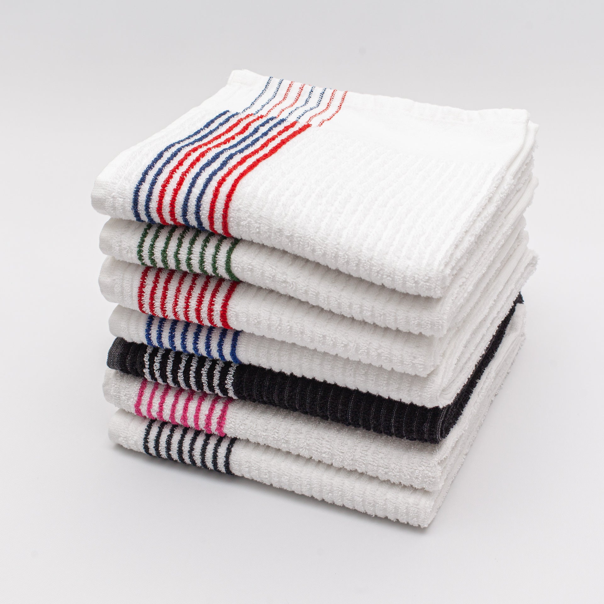 golf caddy towels with stripes. Red and navy stripes, green stripes, red stripes, blue stripes, black with white stripes, pink stripes, black stripes from Cayce Golf